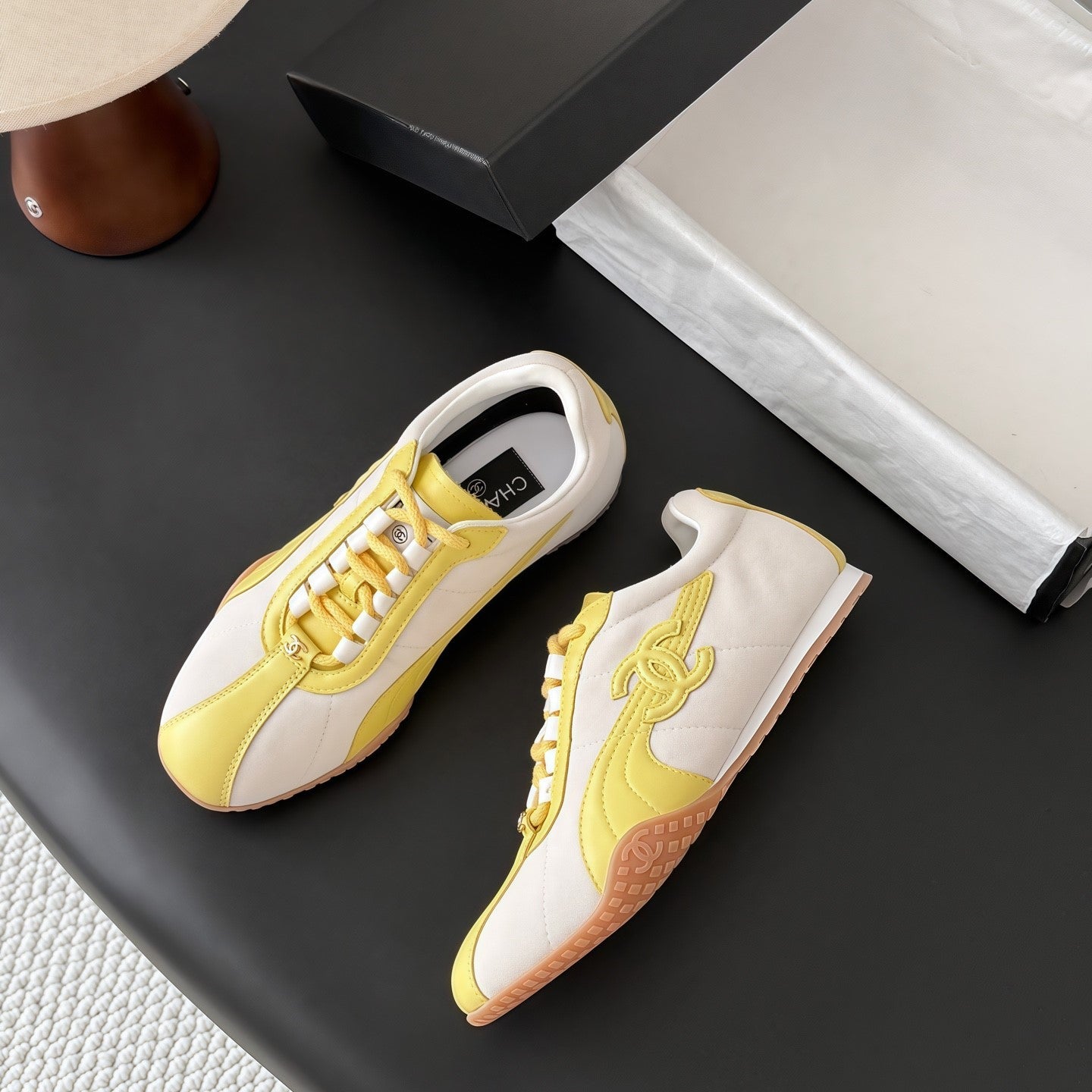 CC 26s Low-Top Retro Runner Sneakers Ivory Yellow Suede Calfskin 969582