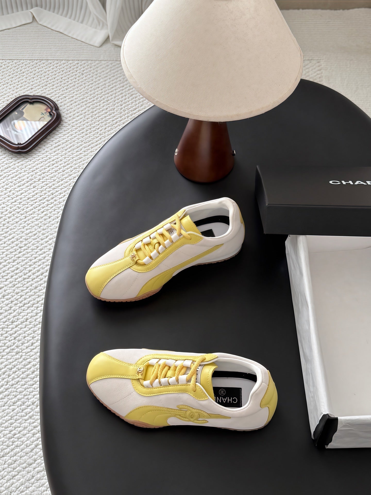 CC 26s Low-Top Retro Runner Sneakers Ivory Yellow Suede Calfskin 969582