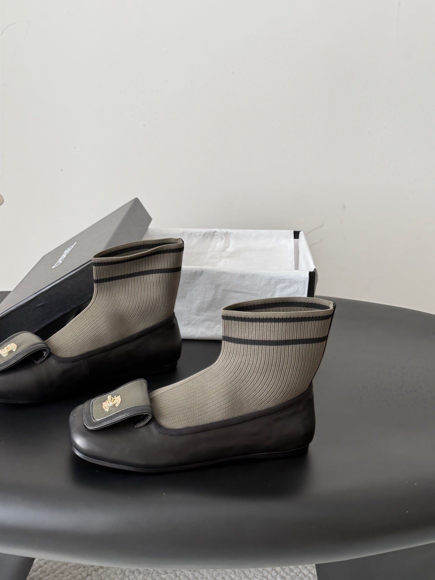 CC 26s Sock Boots Black Taupe Cotton Leather 969676