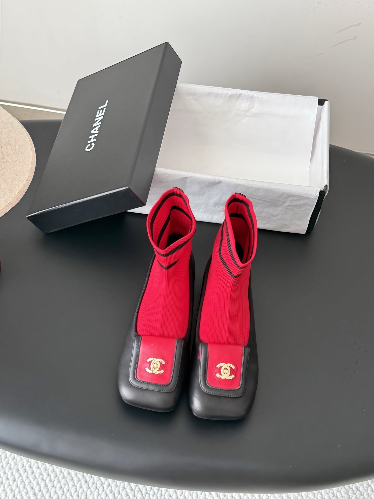CC 26s Sock Boots Black Red Cotton Leather 969678