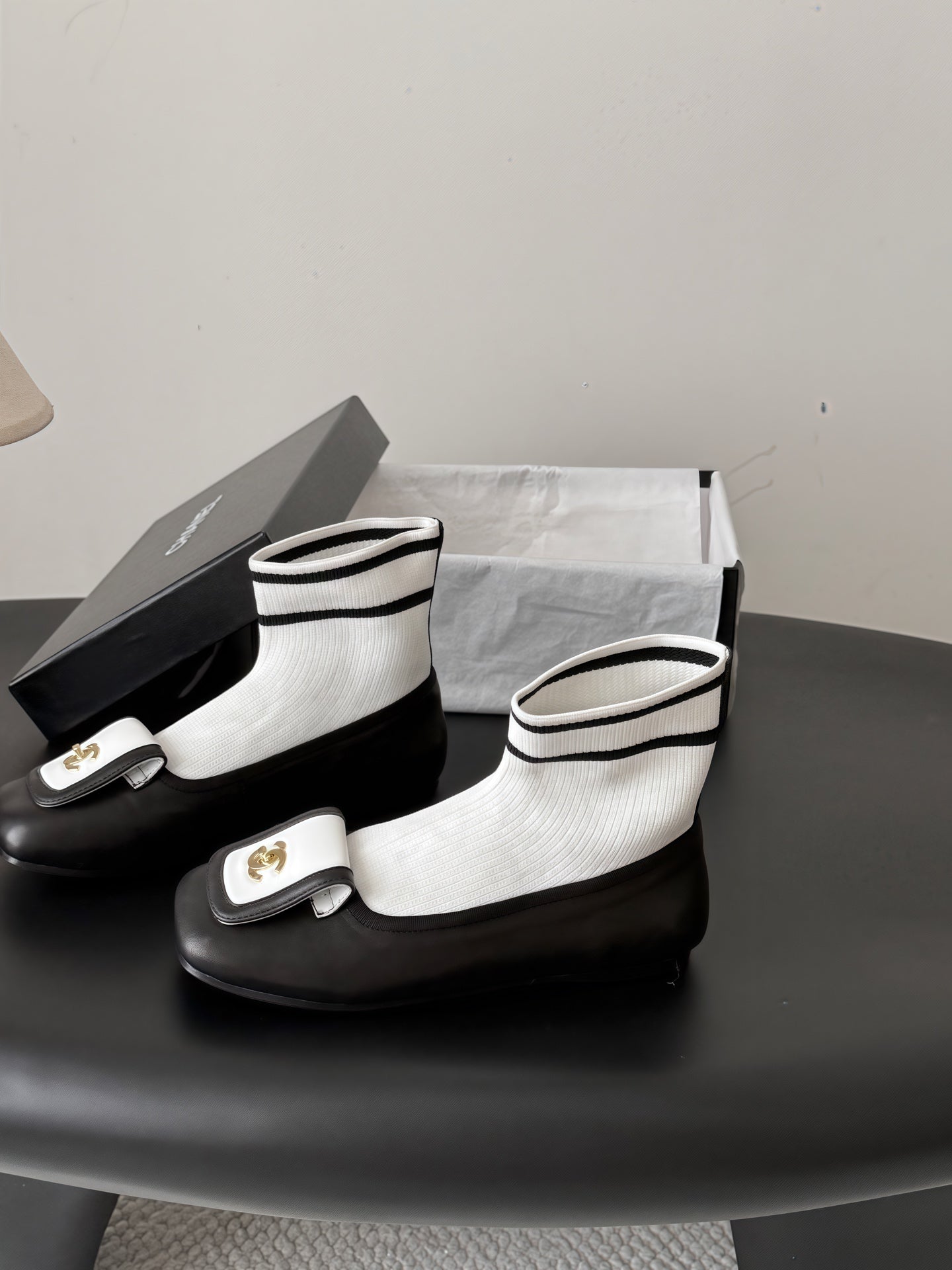 CC 26s Sock Boots Black White Leather Cotton 969679