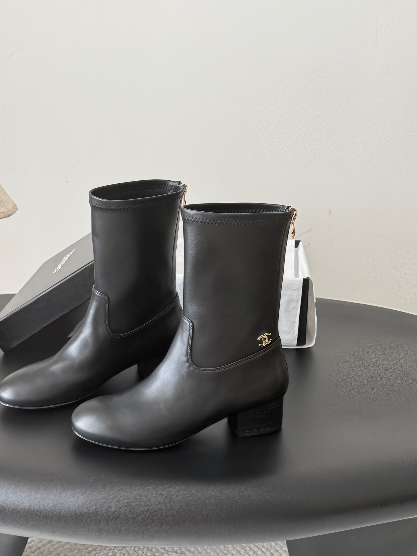 CC 26s Chunky Heel Elastic Short Boots 5cm Black Leather 969715