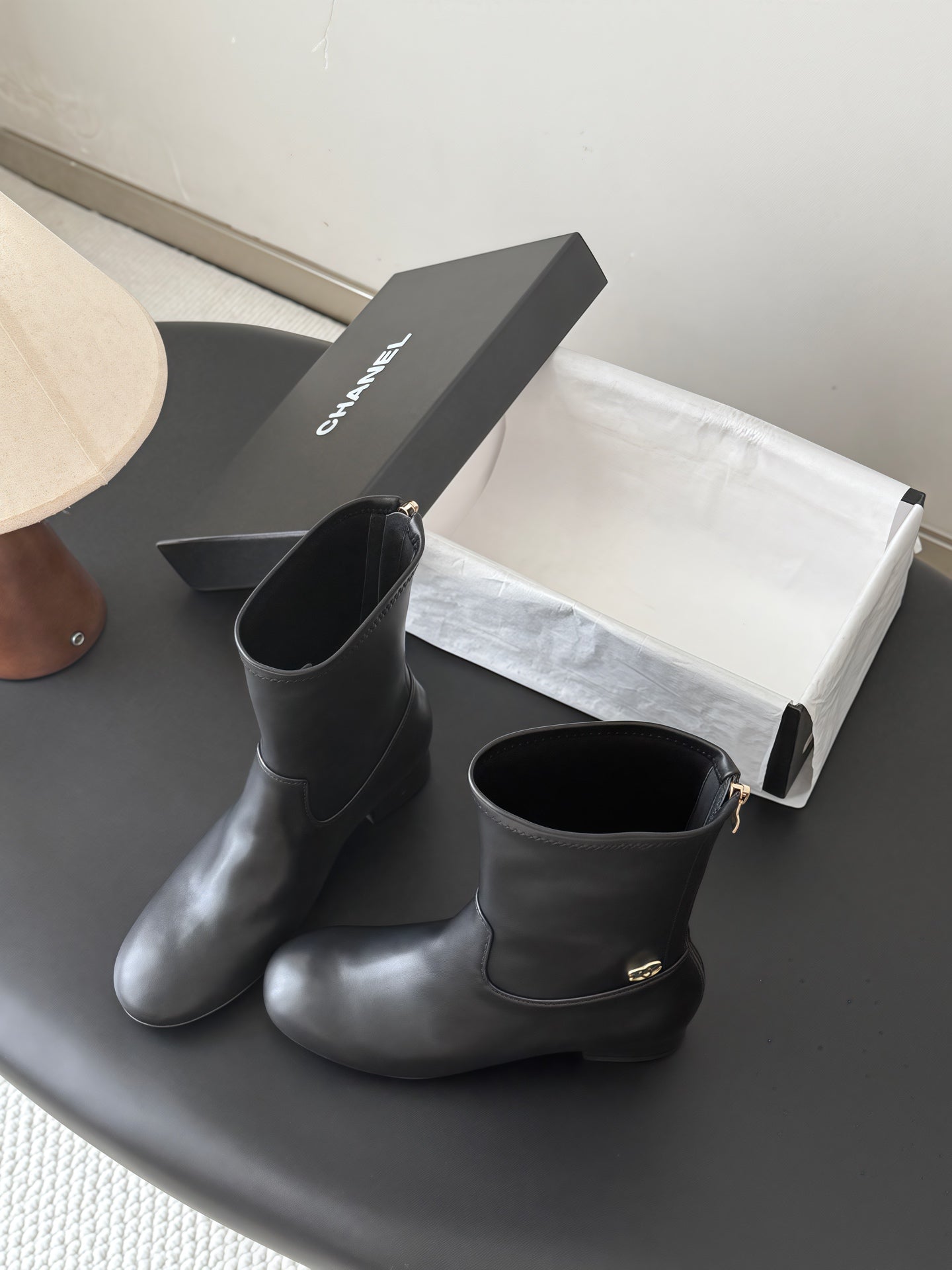 CC 26s Chunky Heel Elastic Short Boots 5cm Black Leather 969715