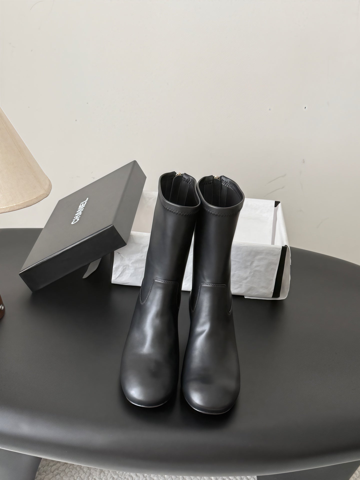 CC 26s Chunky Heel Elastic Short Boots 5cm Black Leather 969715