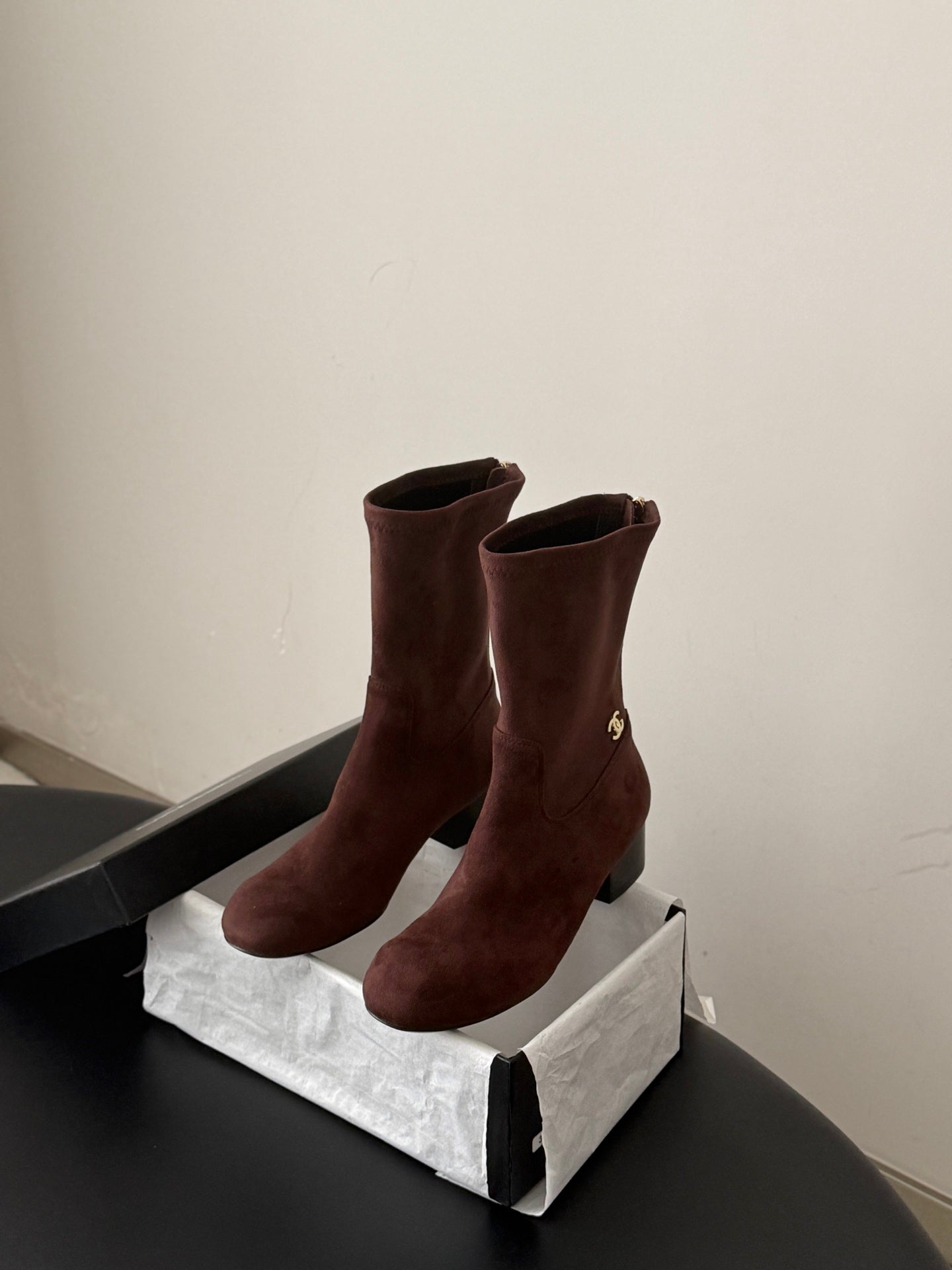 CC 26s Chunky Heel Elastic Short Boots 5cm Coffee Suede 969718