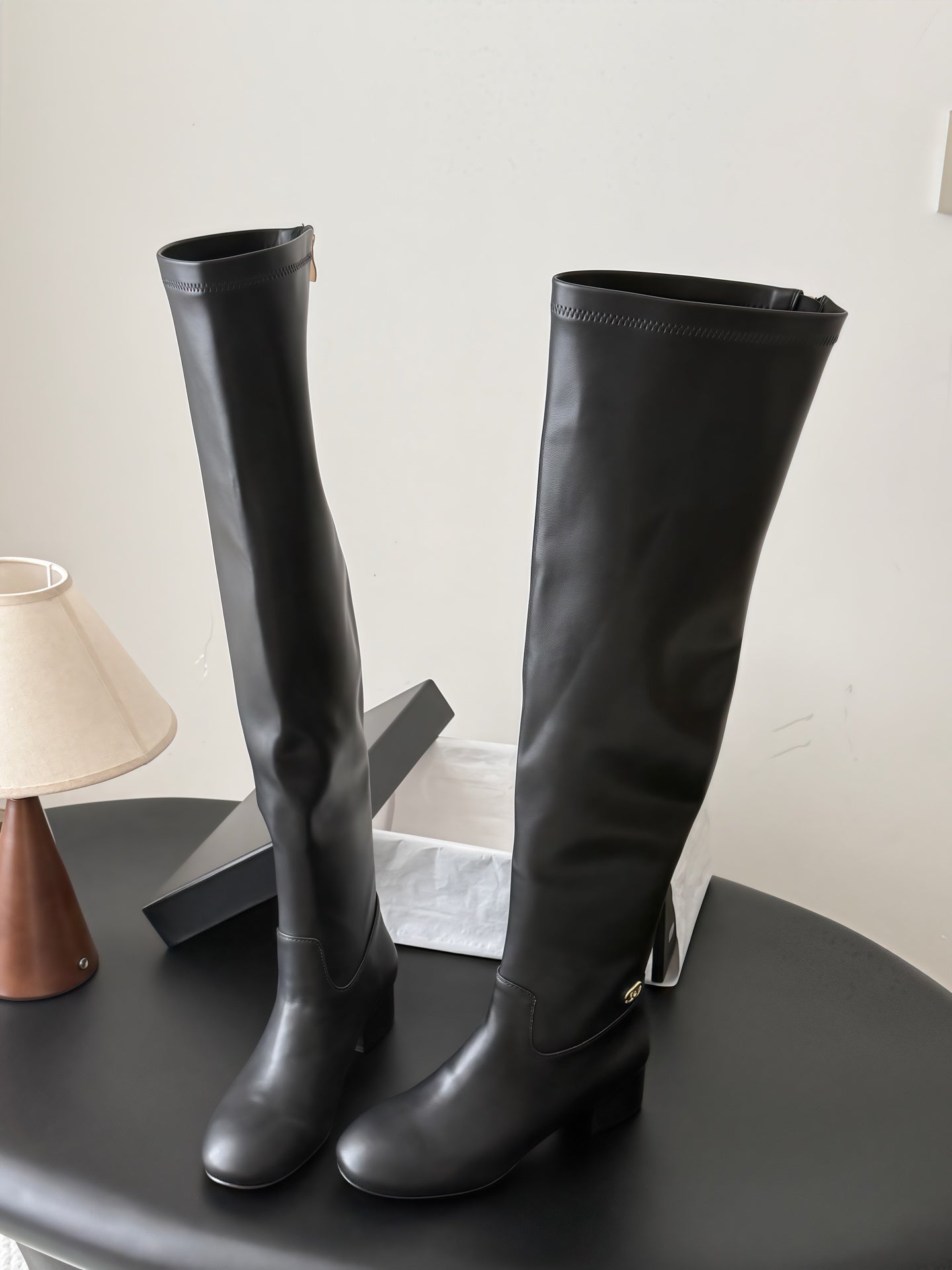 CC 26s Chunky Heel Elastic Boots 5cm Black Leather 969719