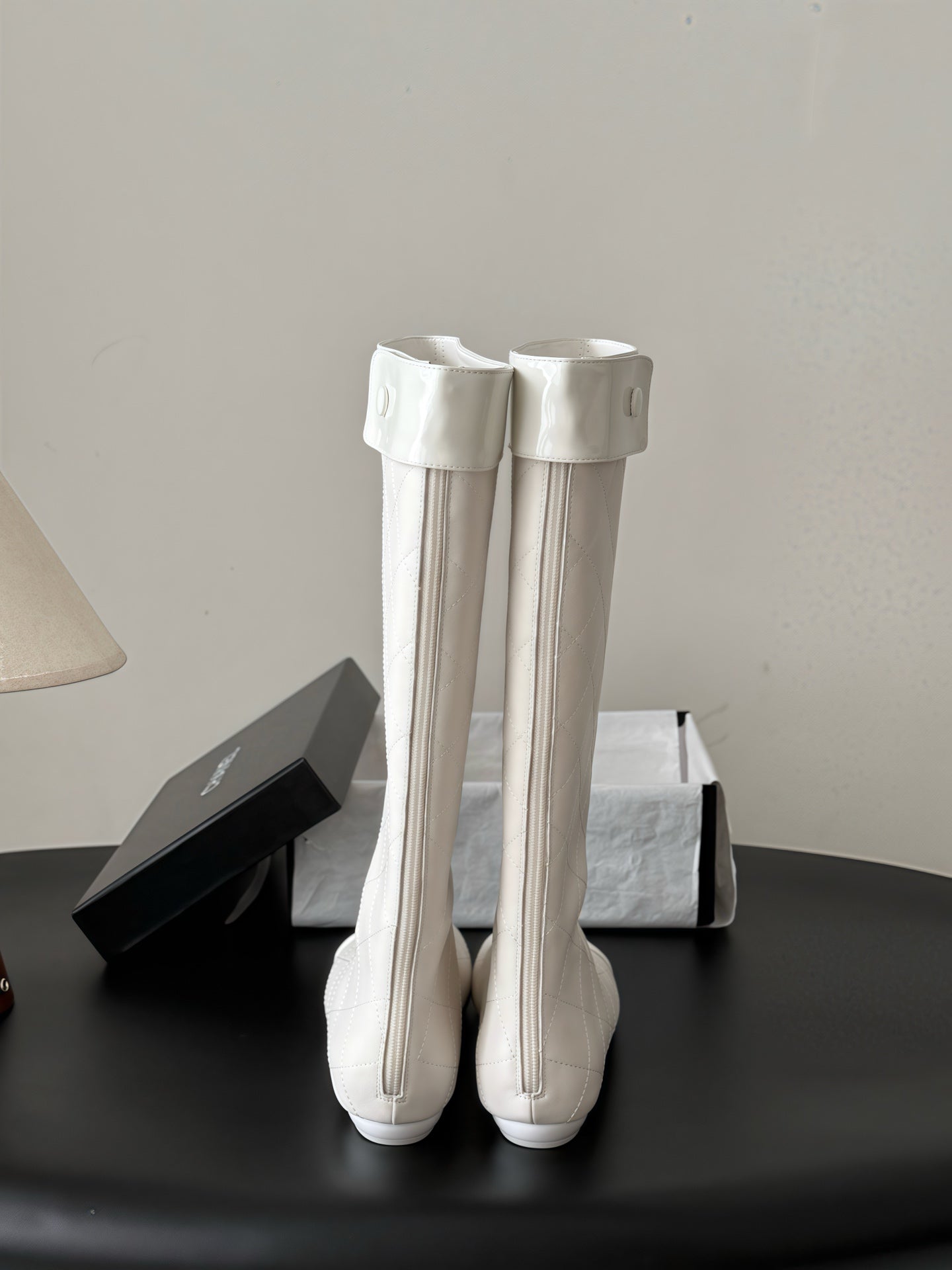 CC 26s Cambon Quilted Tall Flat Boots Ivory White Calfskin 969725
