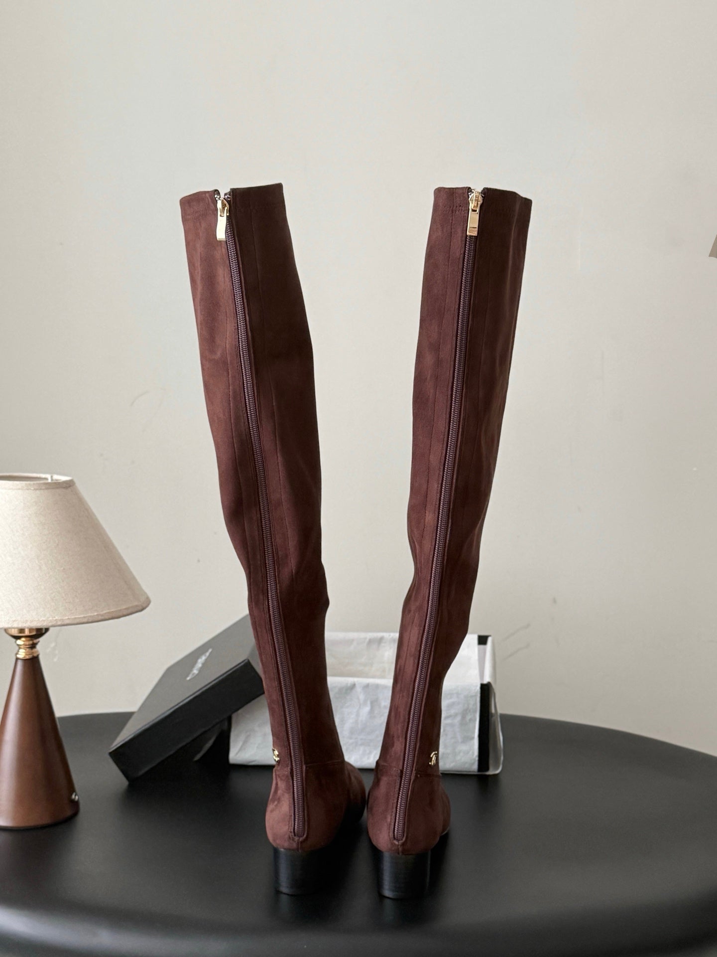 CC 26s Chunky Heel Elastic Boots 5cm Coffee Suede 969722