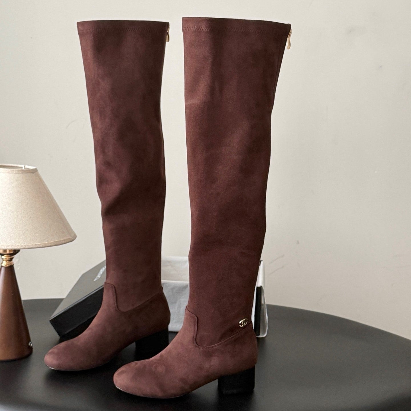 CC 26s Chunky Heel Elastic Boots 5cm Coffee Suede 969722