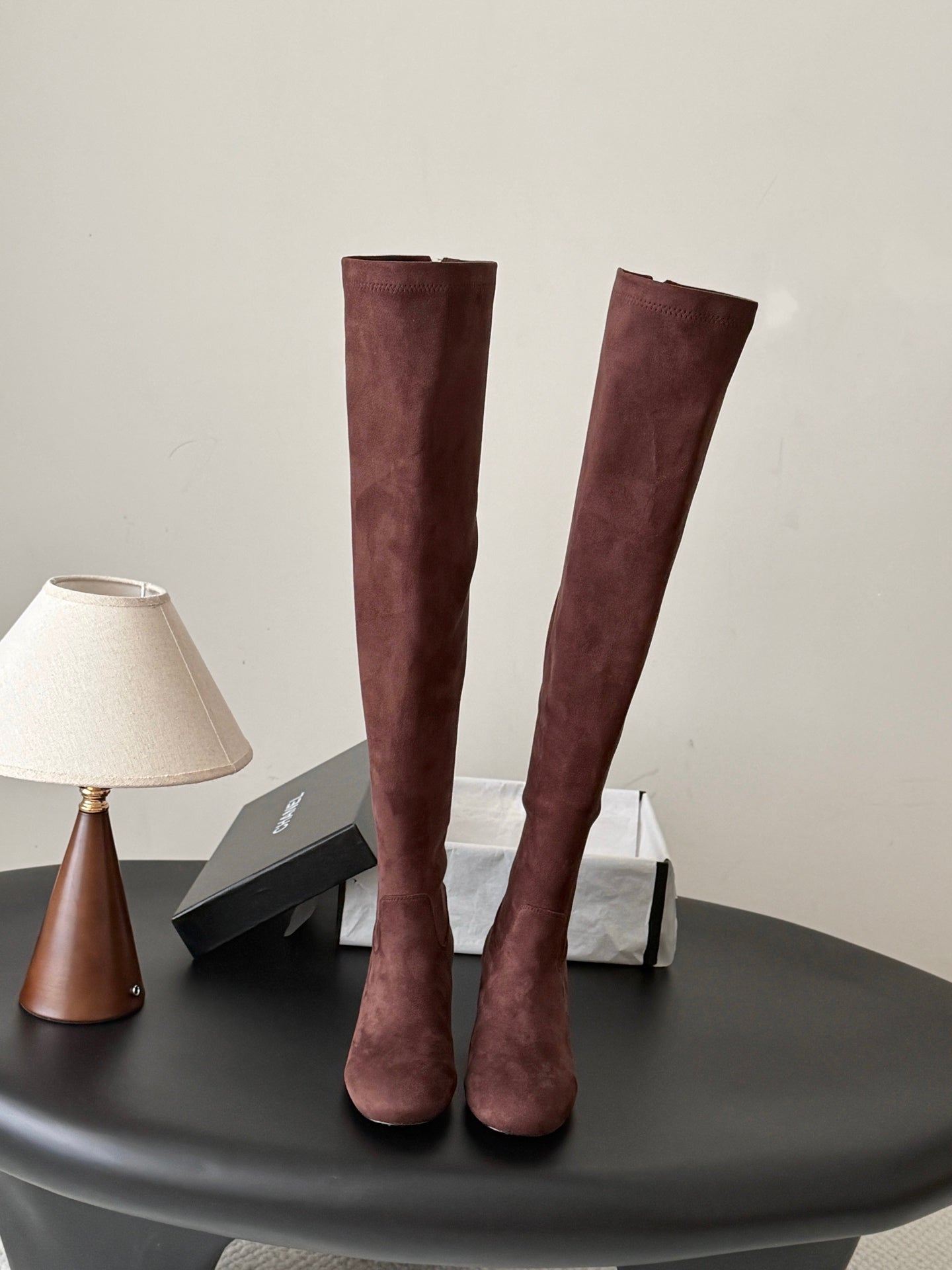 CC 26s Chunky Heel Elastic Boots 5cm Coffee Suede 969722
