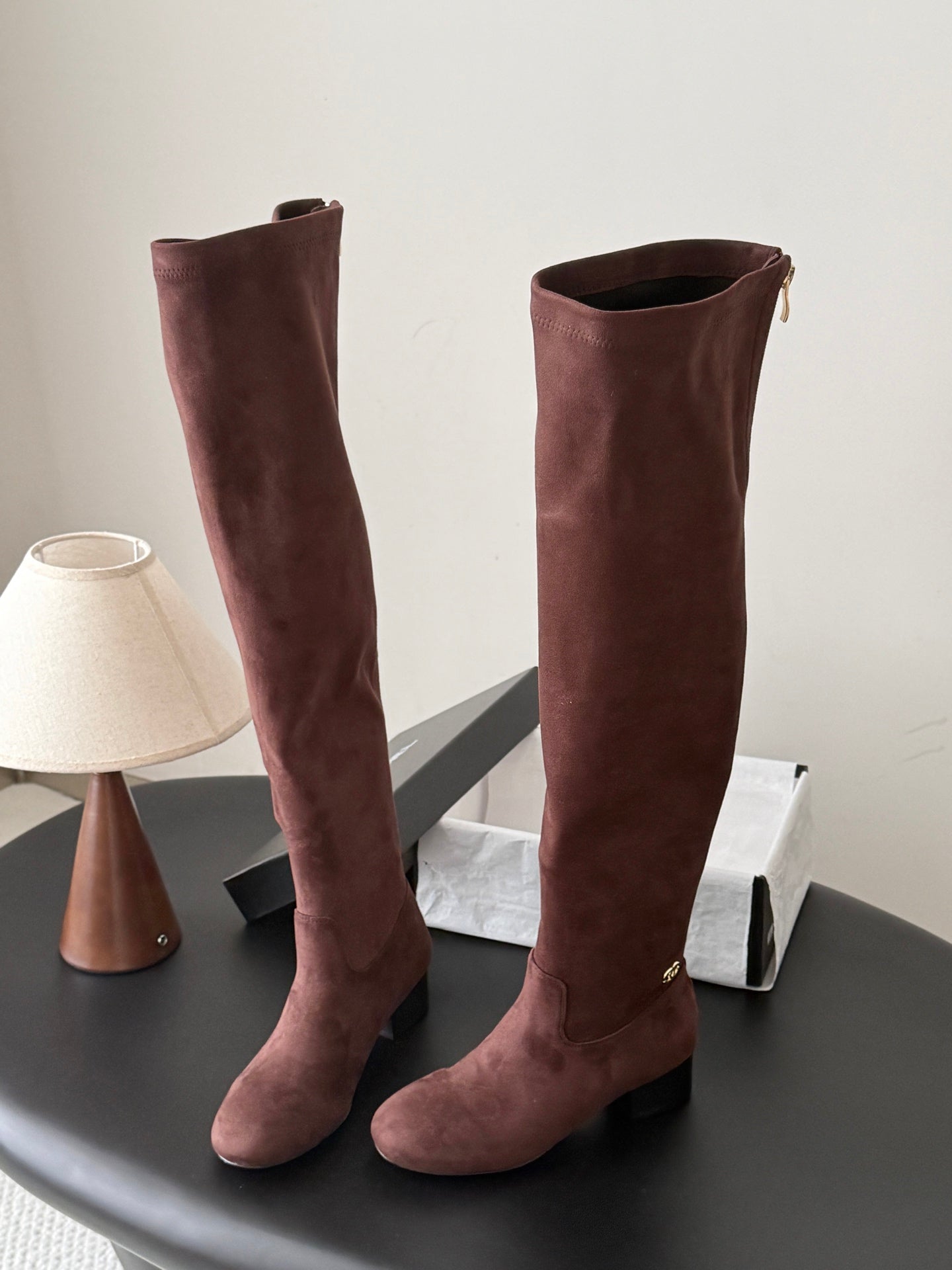 CC 26s Chunky Heel Elastic Boots 5cm Coffee Suede 969722