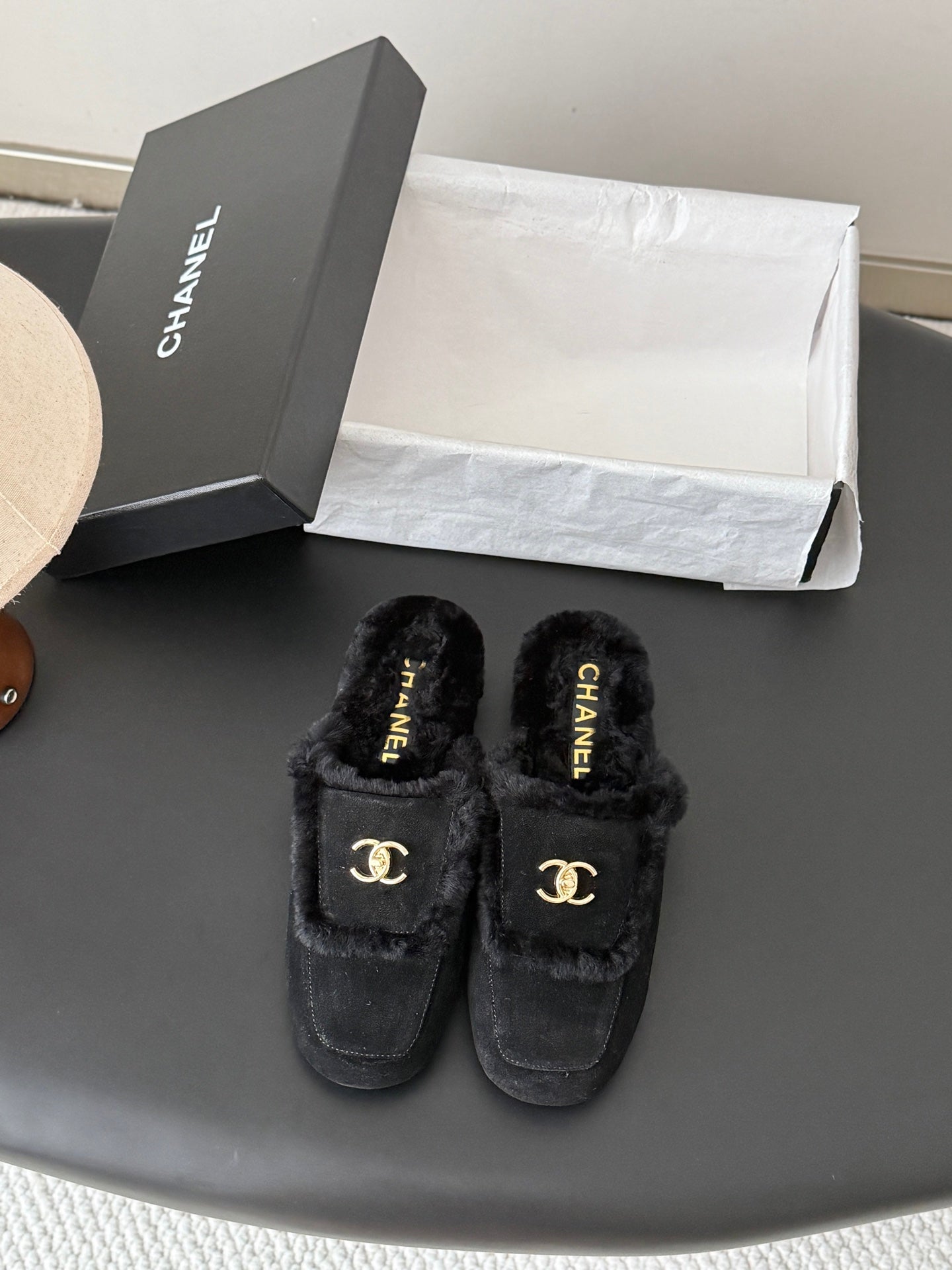 CC 26s Slip-On Mules Black Fluffy Shearling Suede 969726