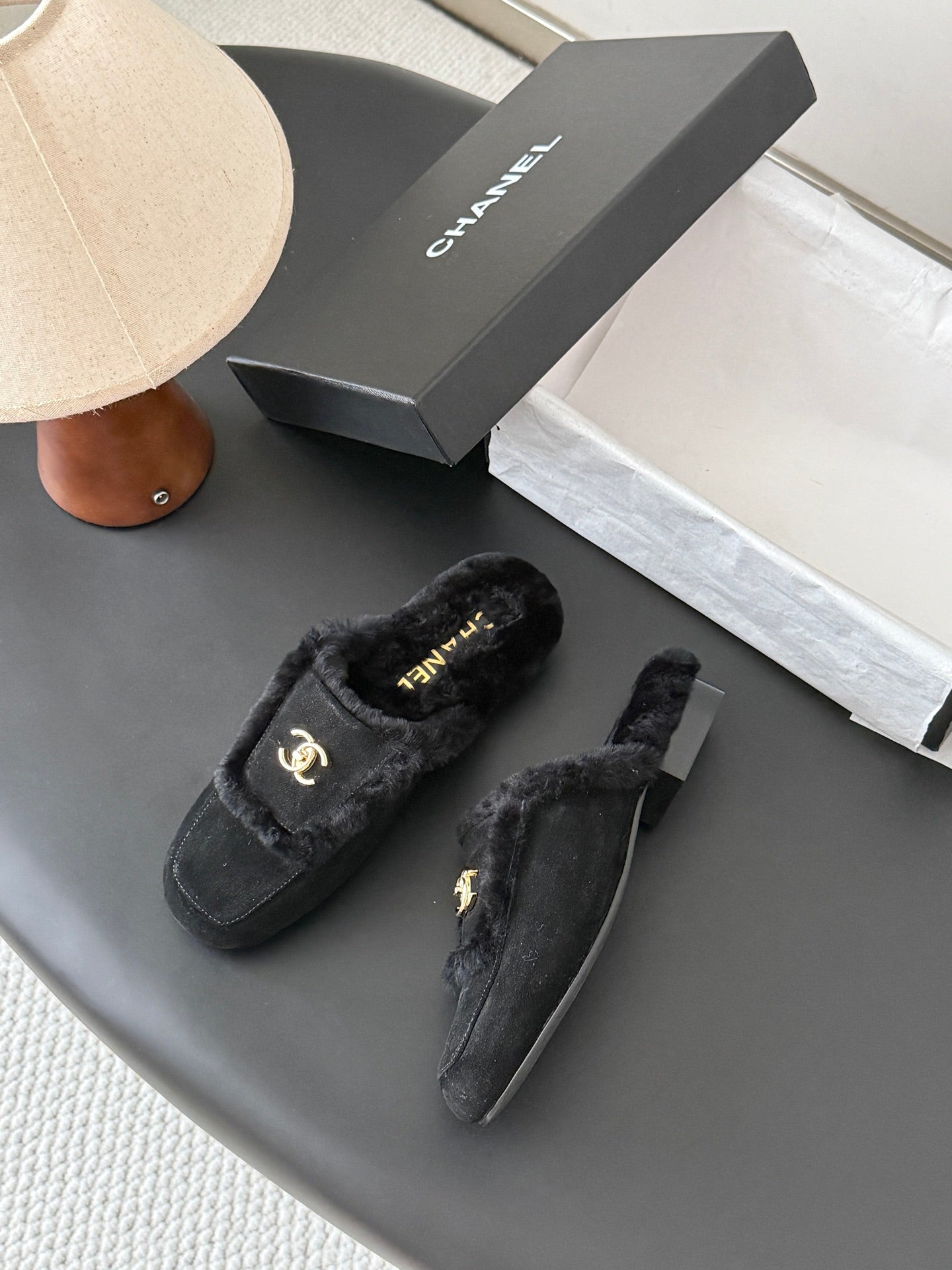 CC 26s Slip-On Mules Black Fluffy Shearling Suede 969726
