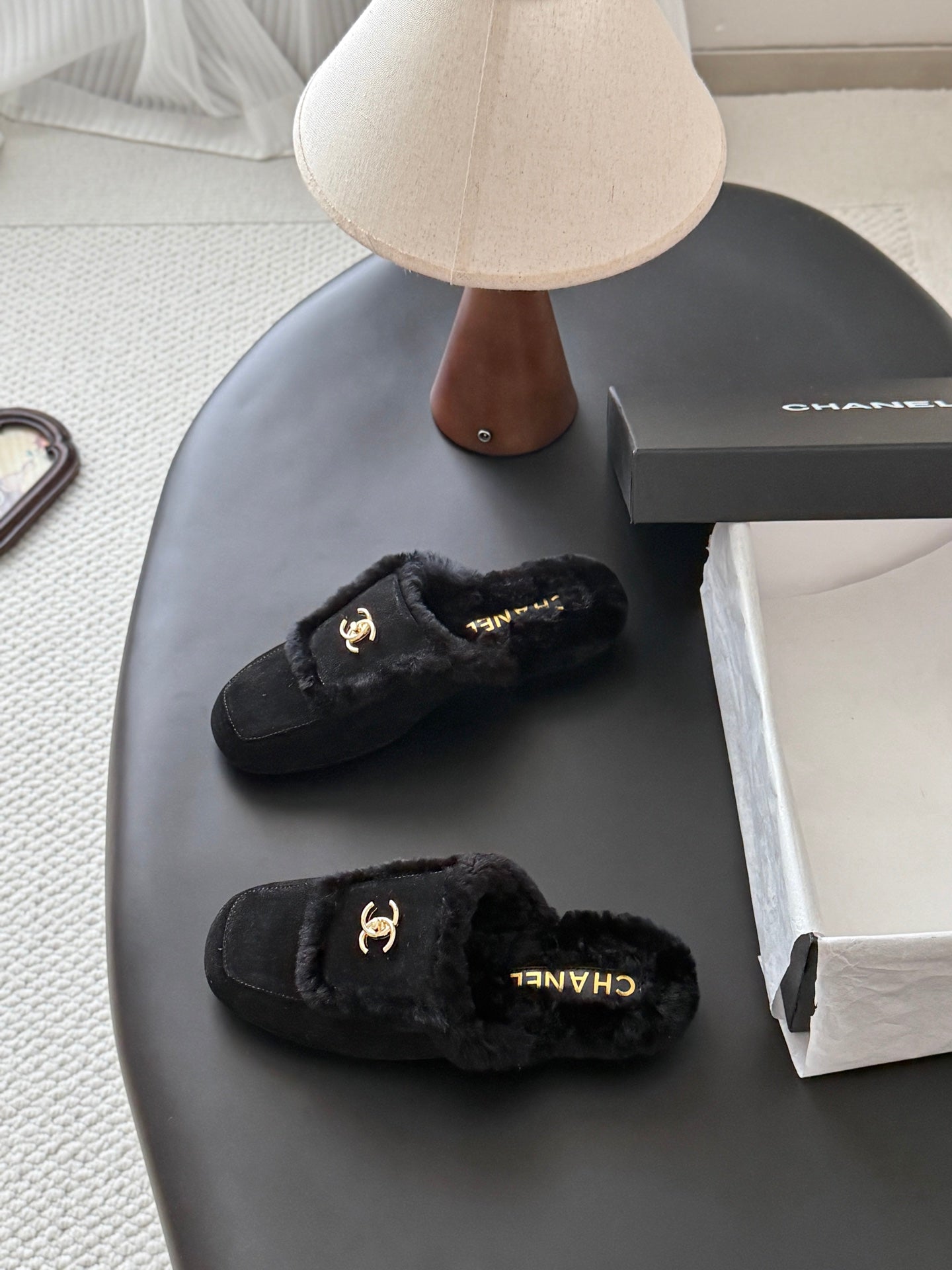 CC 26s Slip-On Mules Black Fluffy Shearling Suede 969726