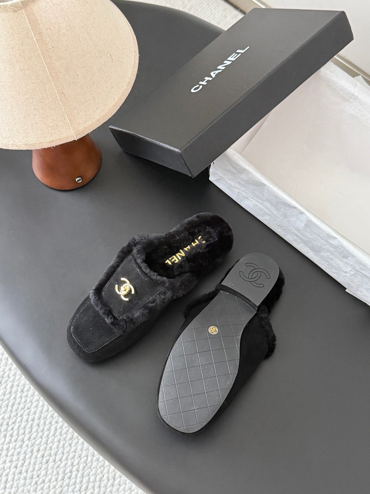 CC 26s Slip-On Mules Black Fluffy Shearling Suede 969726