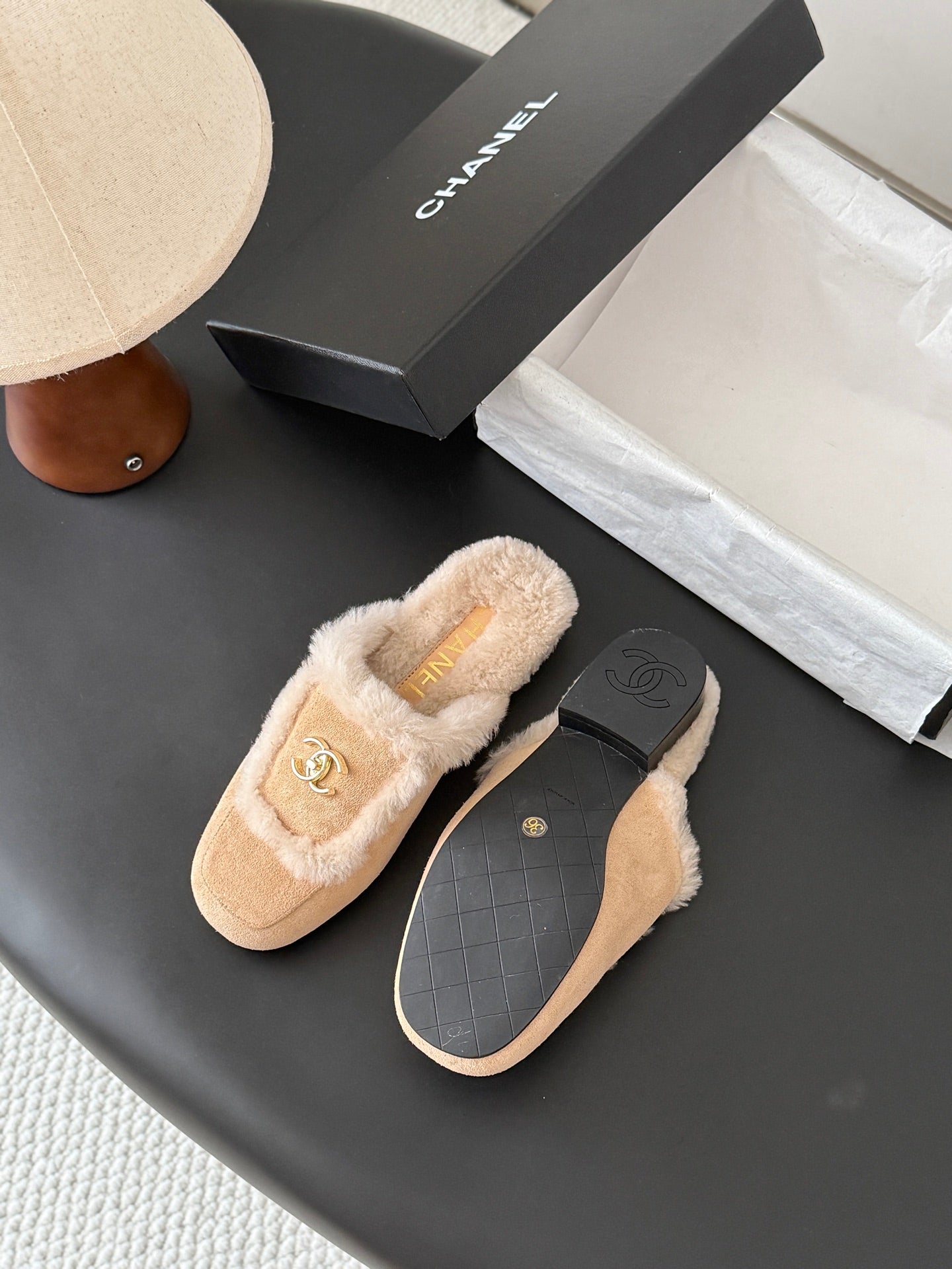 CC 26s Slip-On Mules Light Beige Fluffy Shearling Suede 969729