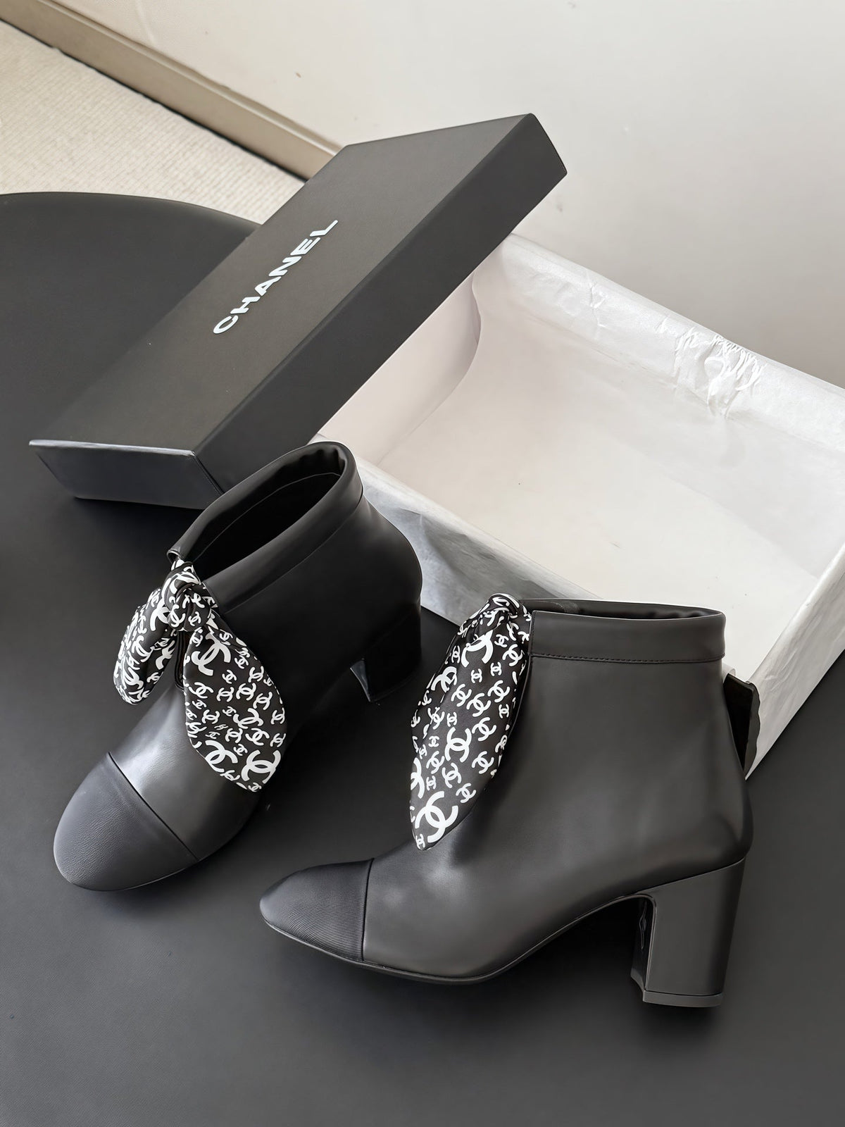 CC 26s Silk Scarf Ankle Boots Black Leather Grosgrain 127893