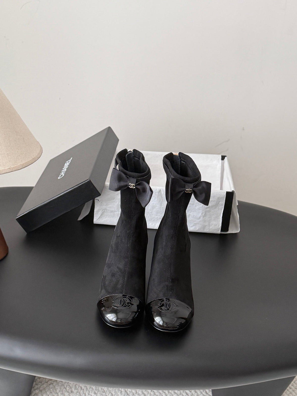 CC 26s Pearl Heel Ankle Boots Black Suede Patent 127952
