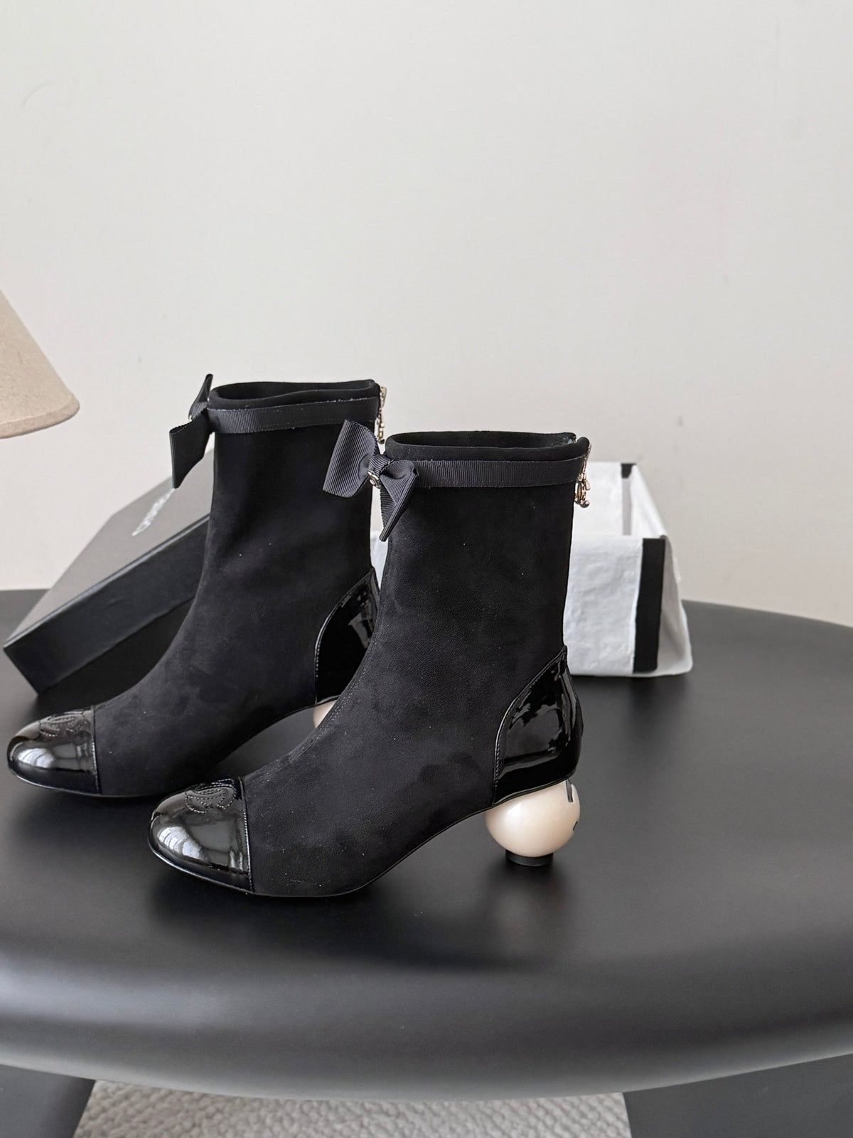 CC 26s Pearl Heel Ankle Boots Black Suede Patent 127952