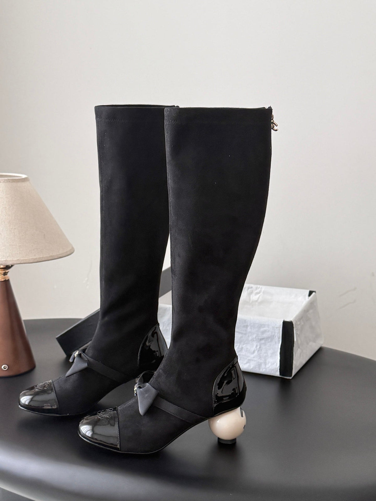 CC 26s Pearl Heel Knee High Boots Black Suede Patent 127955