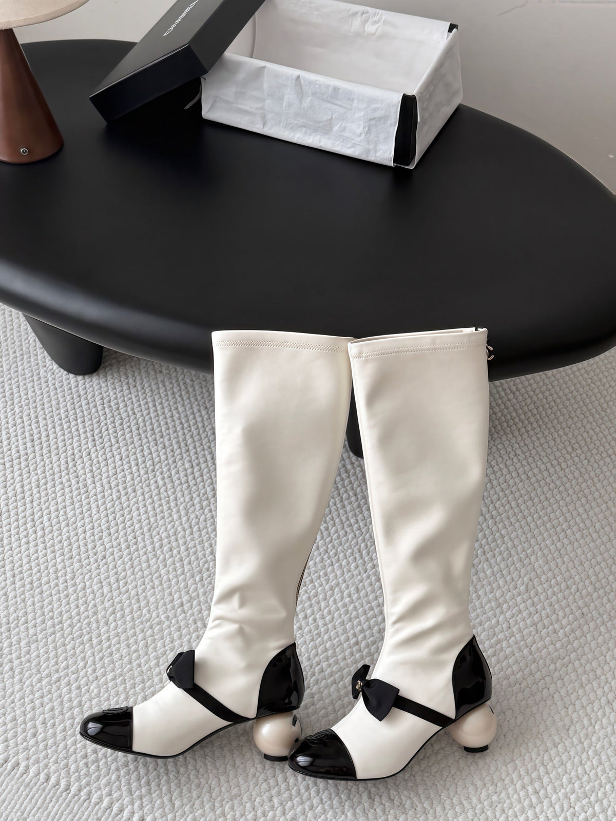 CC 26s Pearl Heel Knee High Boots White Black Leather Patent 127957
