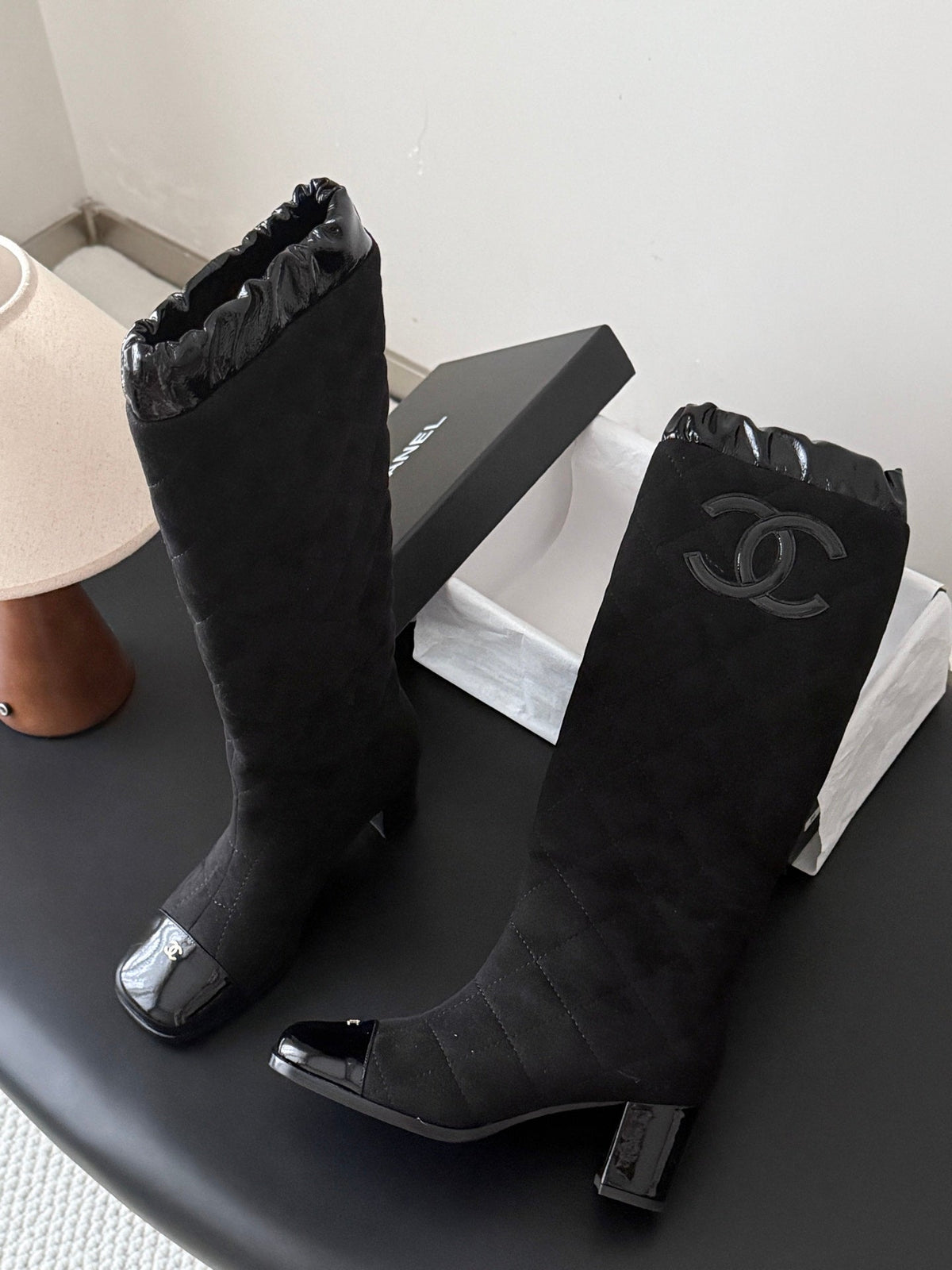 CC 26s Quilted Knee High Boots Black Suede Patent 127992