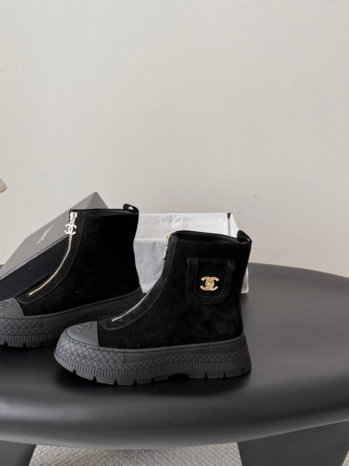 CC 26s Zipper Front Ankle Boots Black Black Suede 127702