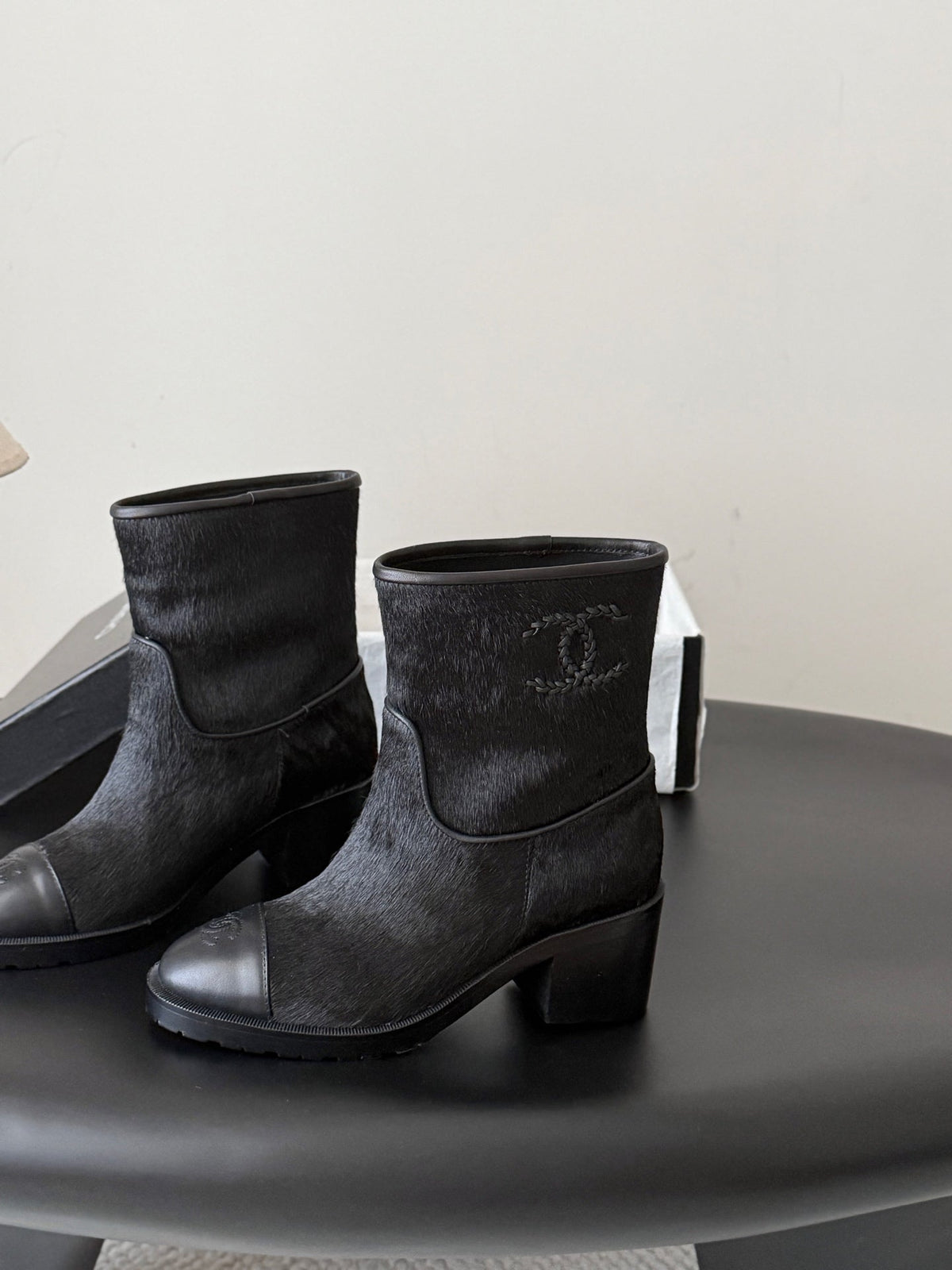 CC 26s Embroidered Logo Ankle Boots Black Black Pony Hair 127784