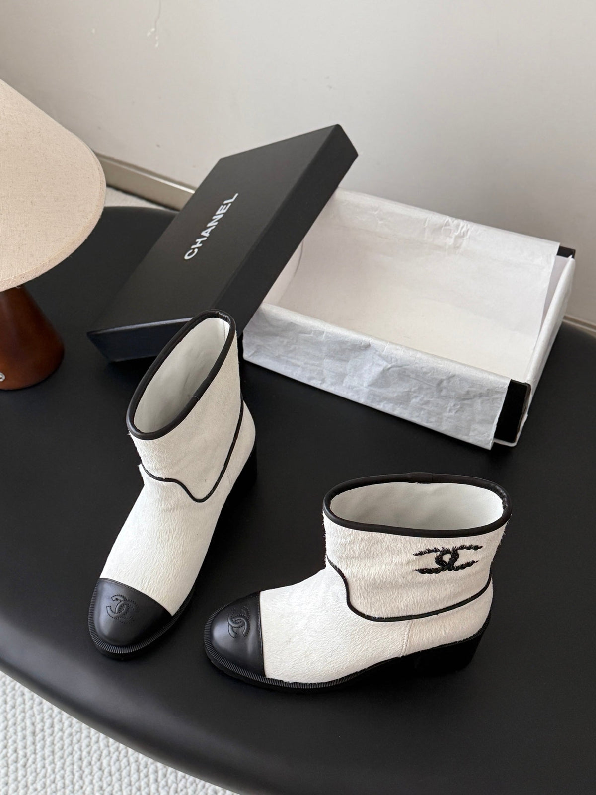CC 26s Embroidered Logo Ankle Boots White Black Pony Hair 127786