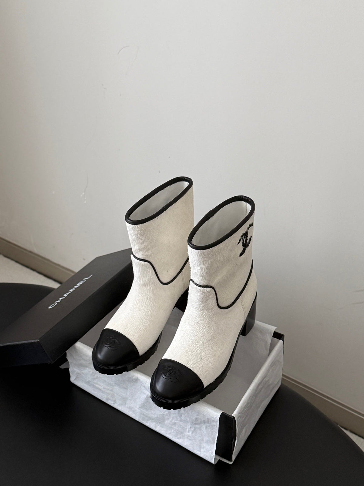 CC 26s Embroidered Logo Ankle Boots White Black Pony Hair 127786