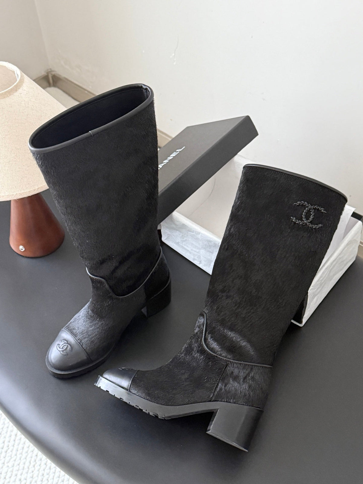 CC 26s Embroidered Logo Knee High Boots Black Black Pony Hair 127788