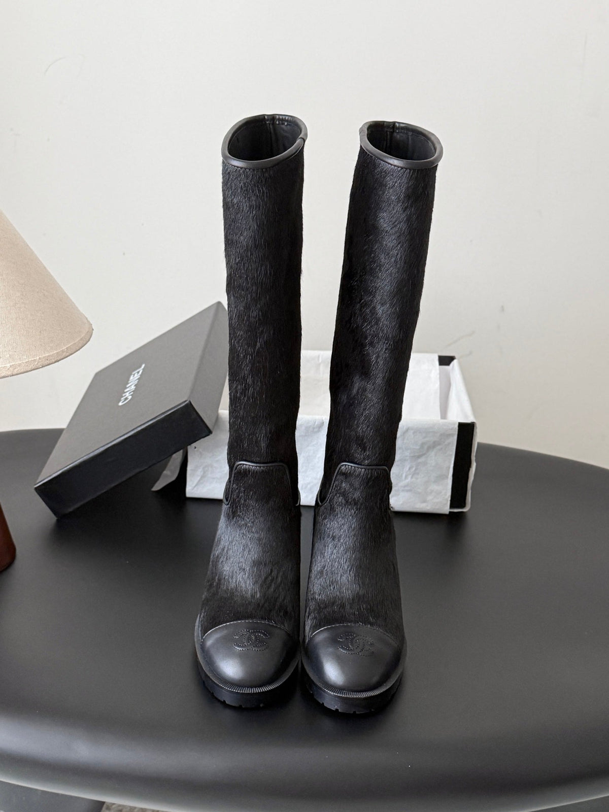 CC 26s Embroidered Logo Knee High Boots Black Black Pony Hair 127788