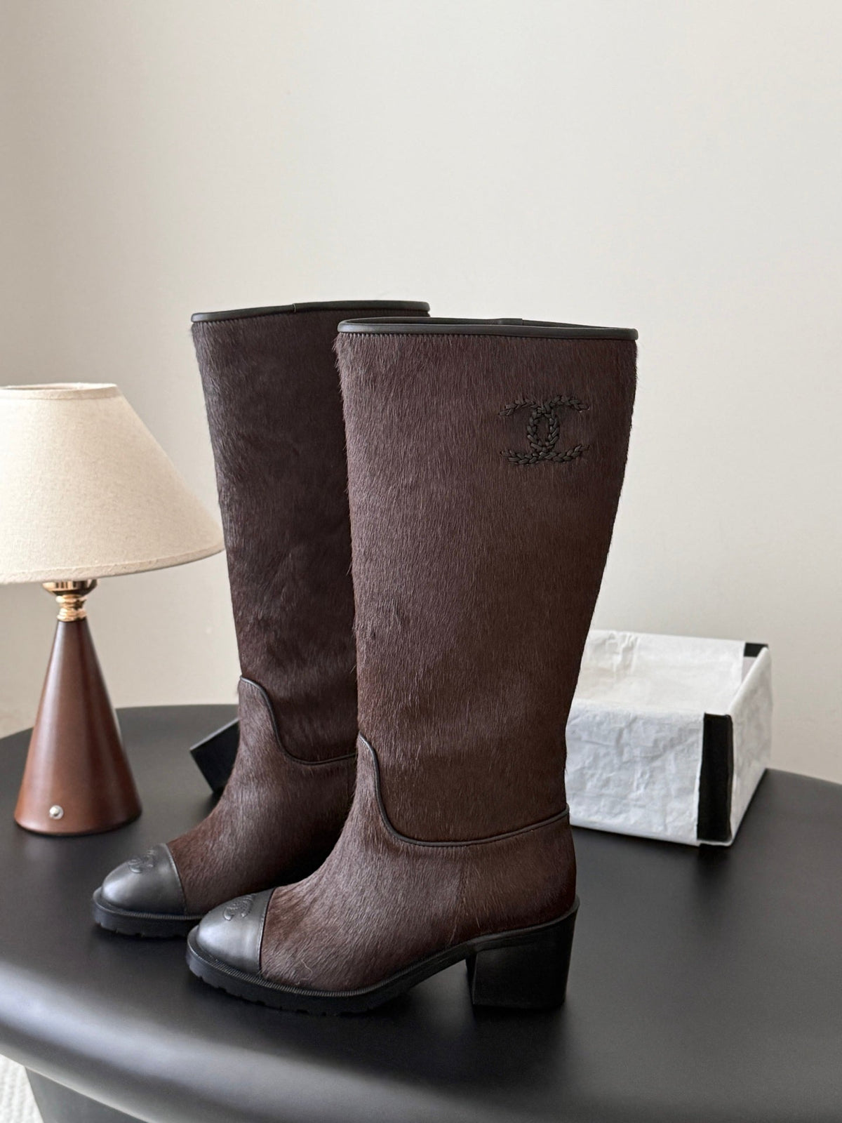 CC 26s Embroidered Logo Knee High Boots Brown Black Pony Hair 127789