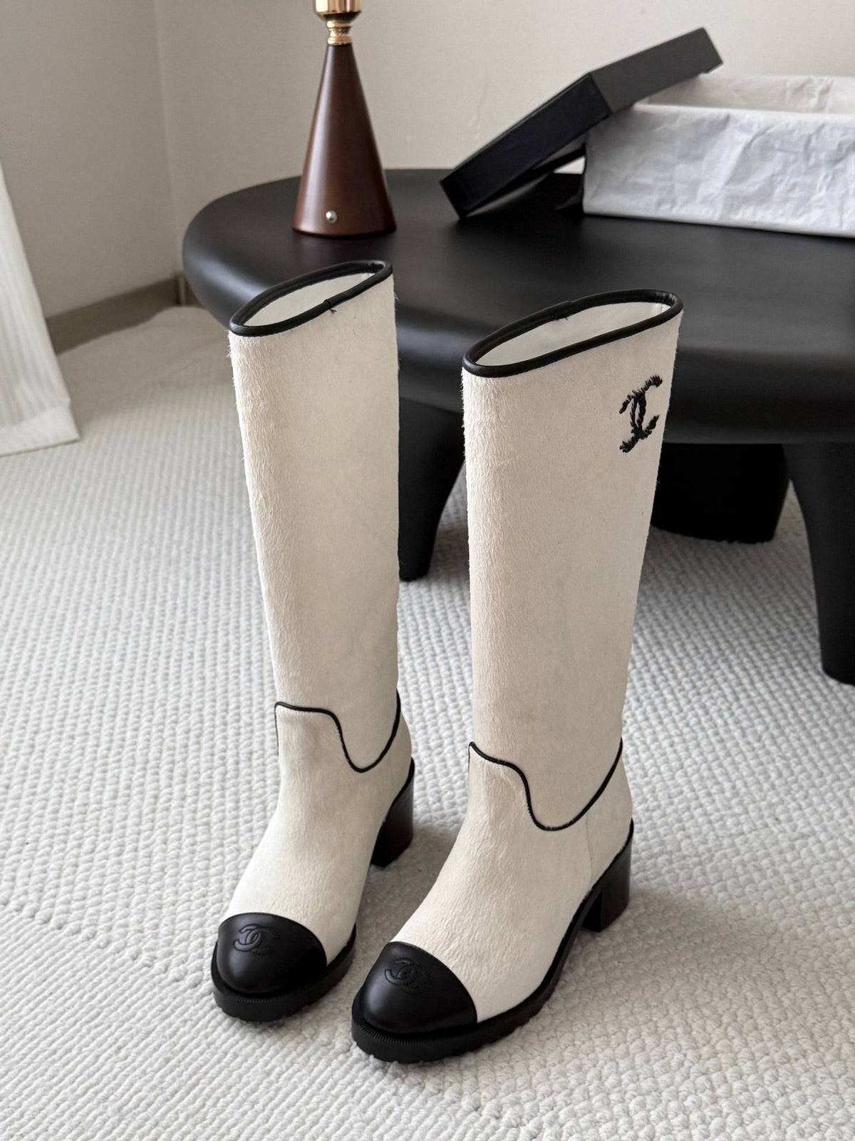 CC 26s Embroidered Logo Knee High Boots White Black Pony Hair 127790