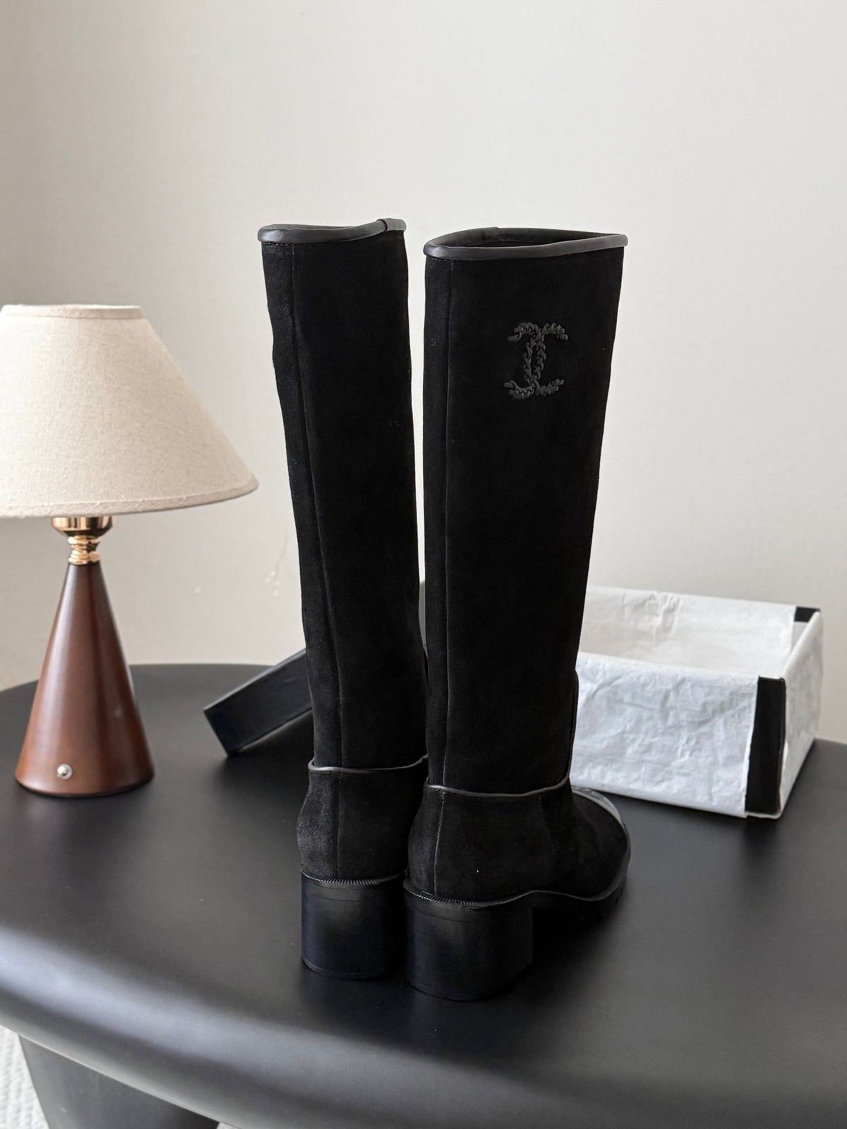 CC 26s Embroidered Logo Knee High Boots Black Black Suede 127791