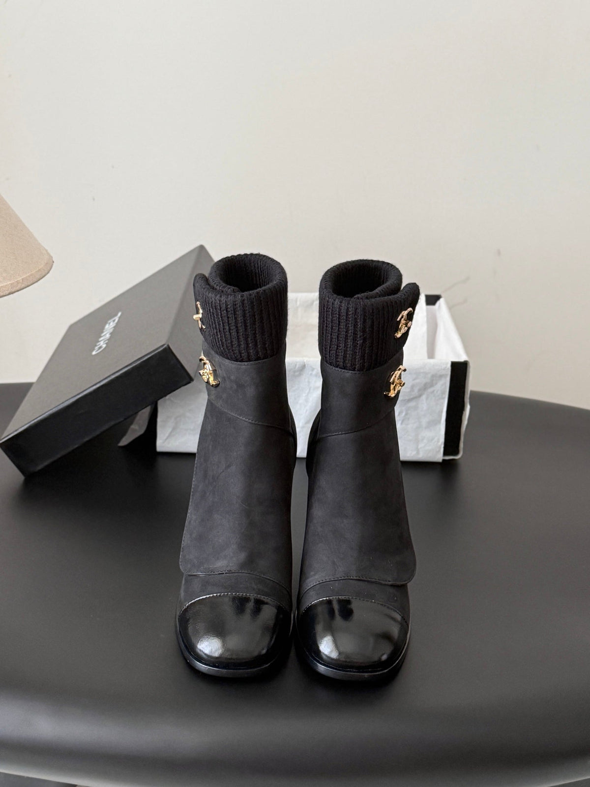 CC 26s Ankle Boots Black Black Knit Cuff Suede 127792