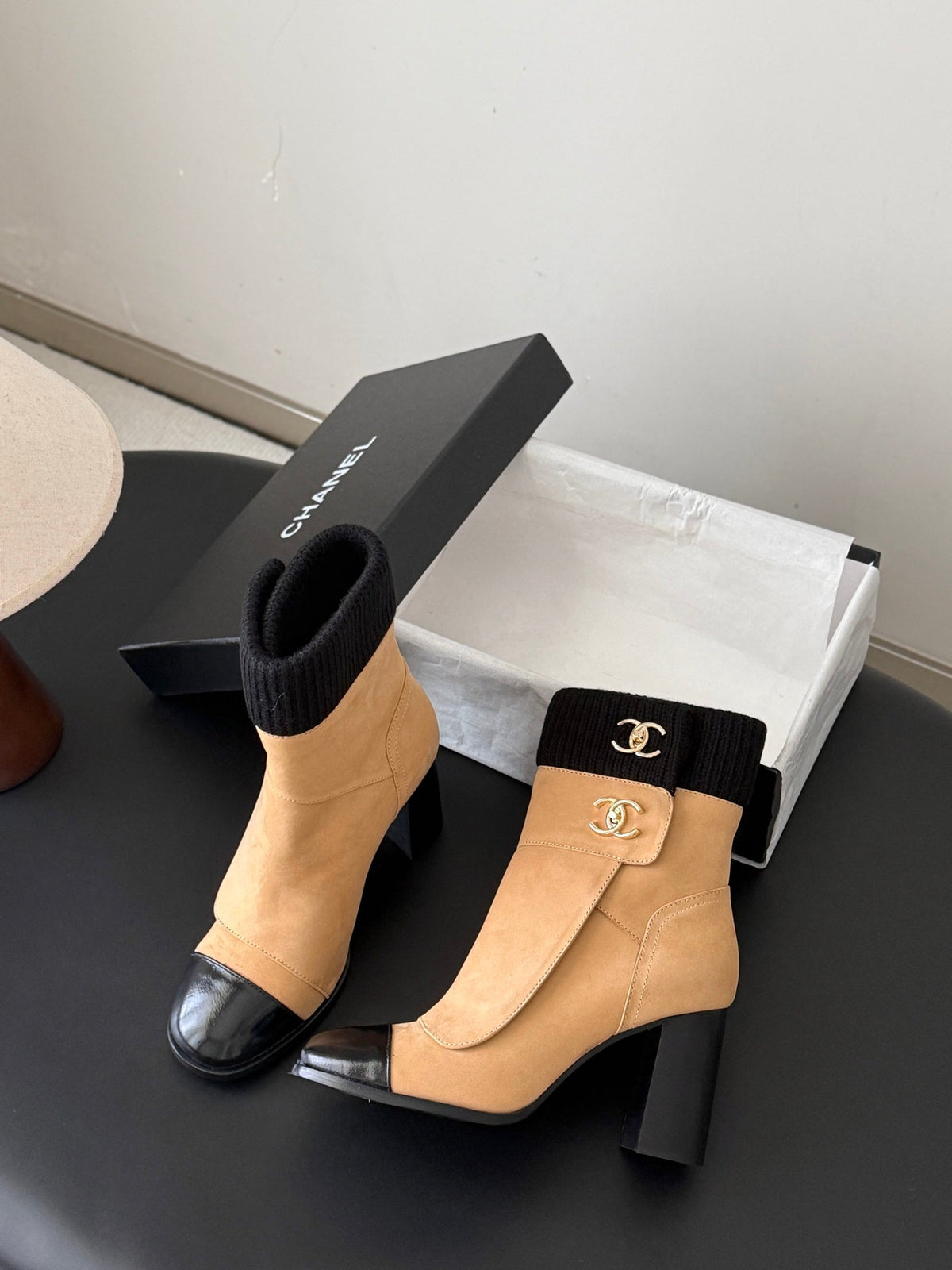 CC 26s Ankle Boots Beige Black Knit Cuff Suede 127793