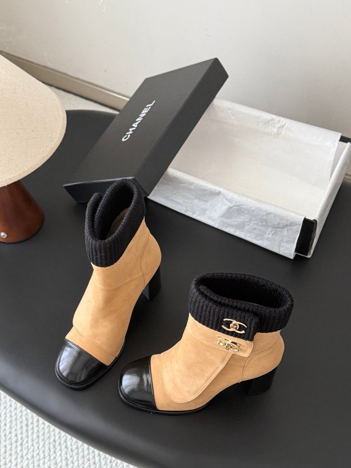 CC 26s Ankle Boots Beige Black Knit Cuff Suede 127793