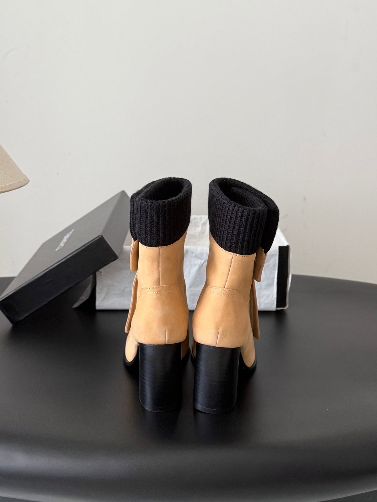 CC 26s Ankle Boots Beige Black Knit Cuff Suede 127793