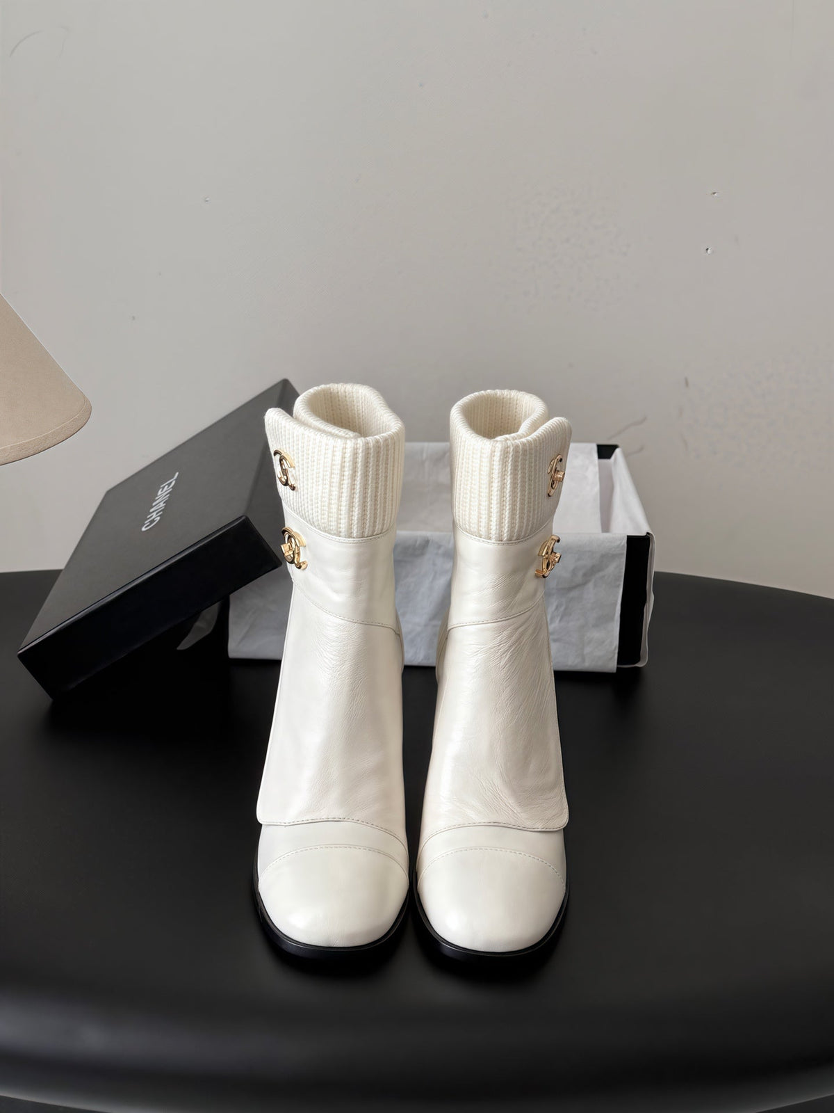 CC 26s Ankle Boots White Gold Knit Cuff Leather 127795