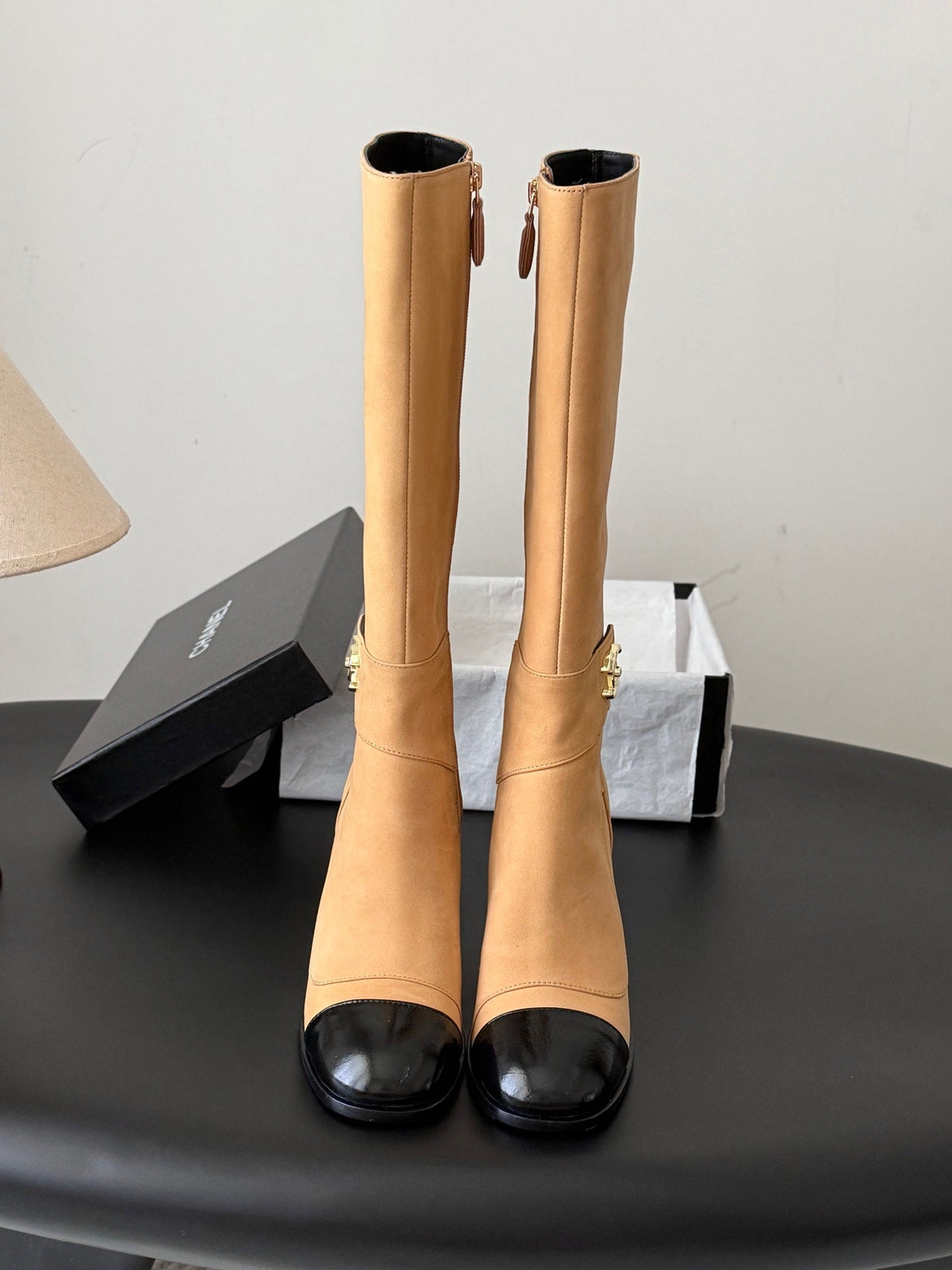 CC 26s Knee High Boots Beige Black Suede 127797