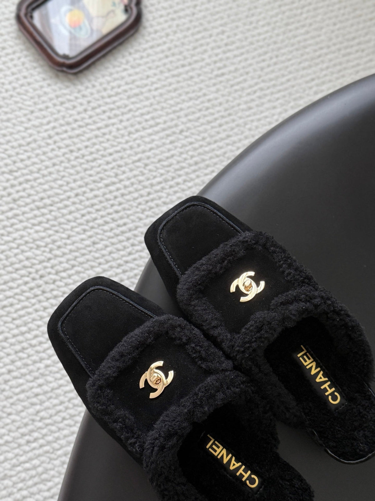 CC 26s Shearling Trim Suede Mules Black Gold 127800