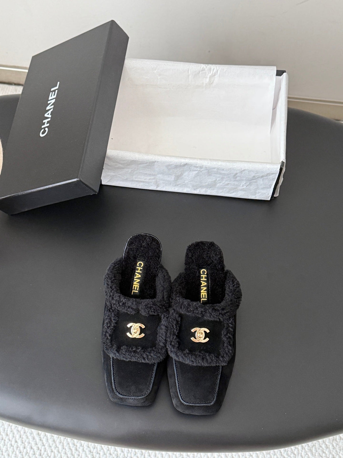 CC 26s Shearling Trim Suede Mules Black Gold 127800