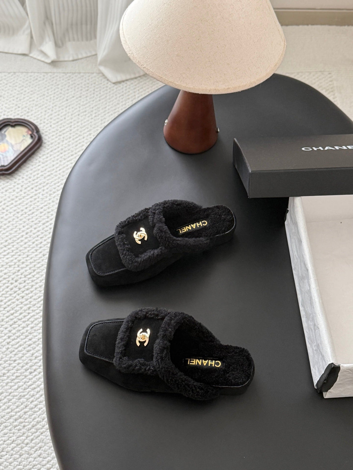CC 26s Shearling Trim Suede Mules Black Gold 127800