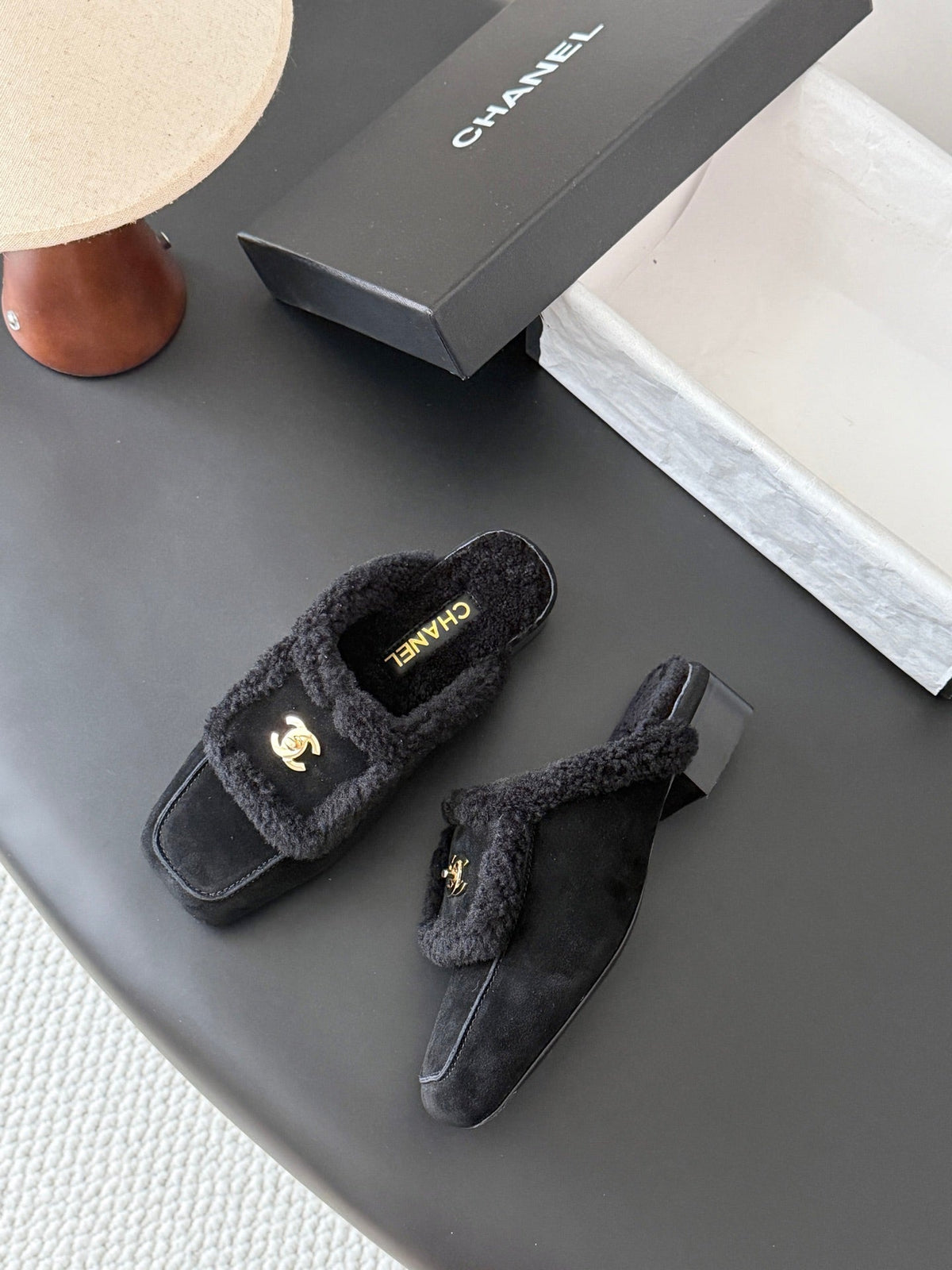 CC 26s Shearling Trim Suede Mules Black Gold 127800