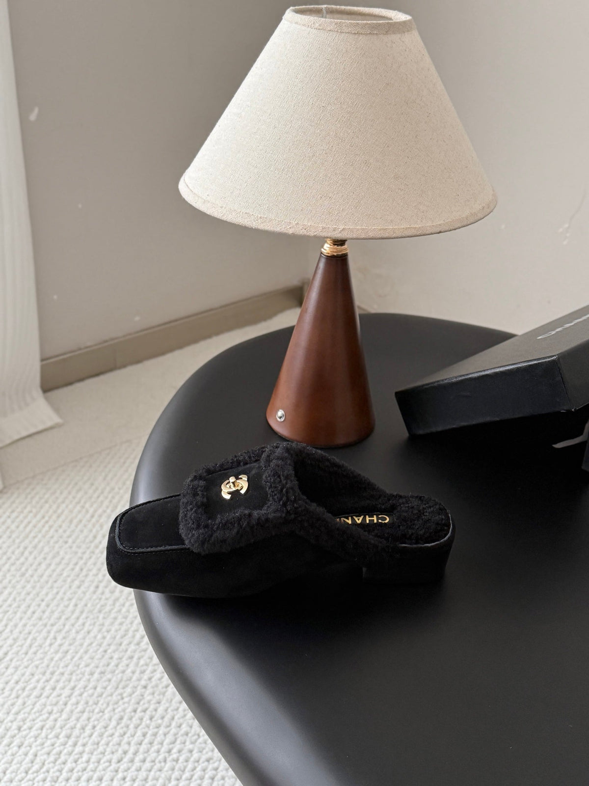 CC 26s Shearling Trim Suede Mules Black Gold 127800