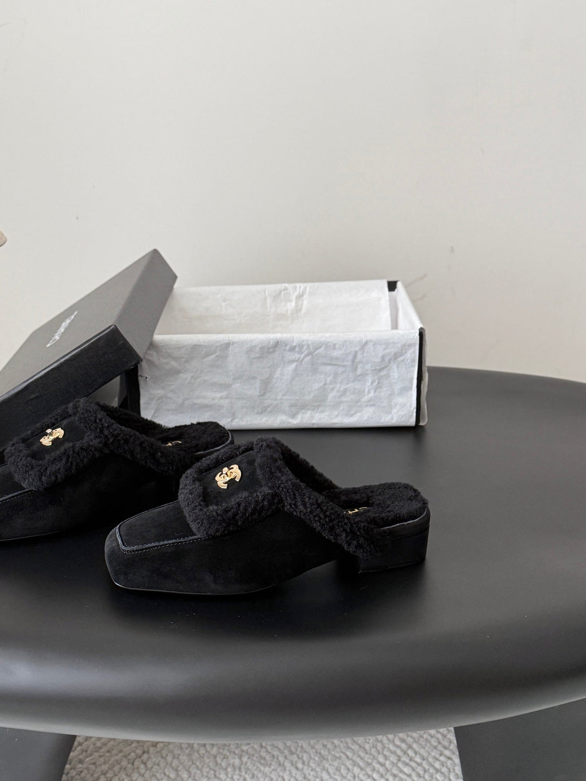 CC 26s Shearling Trim Suede Mules Black Gold 127800