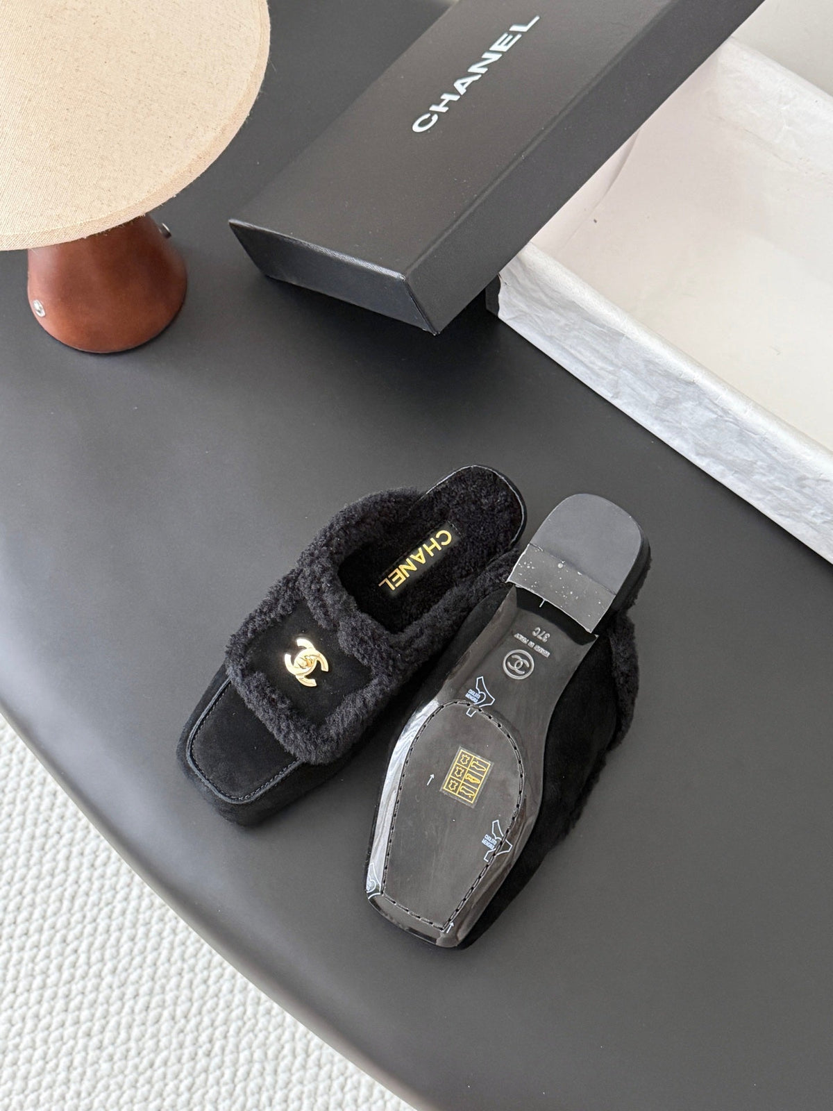 CC 26s Shearling Trim Suede Mules Black Gold 127800