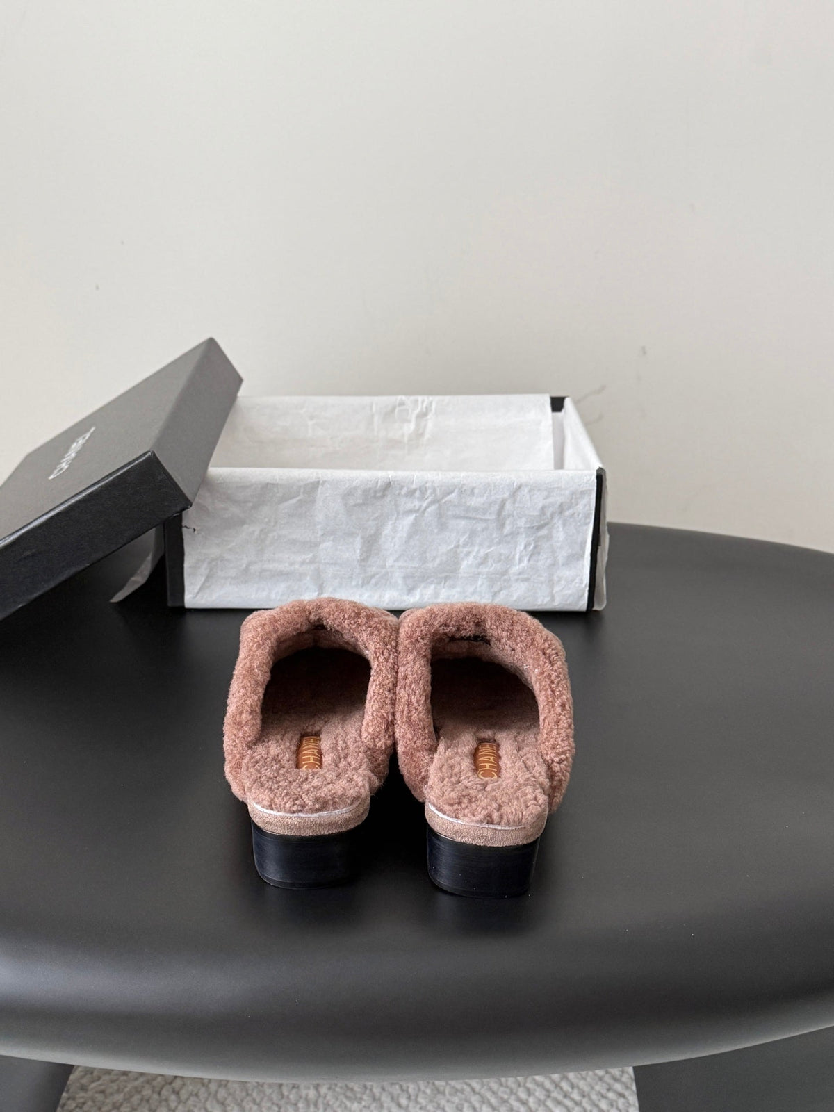 CC 26s Shearling Trim Suede Mules Khaki Gold 127802