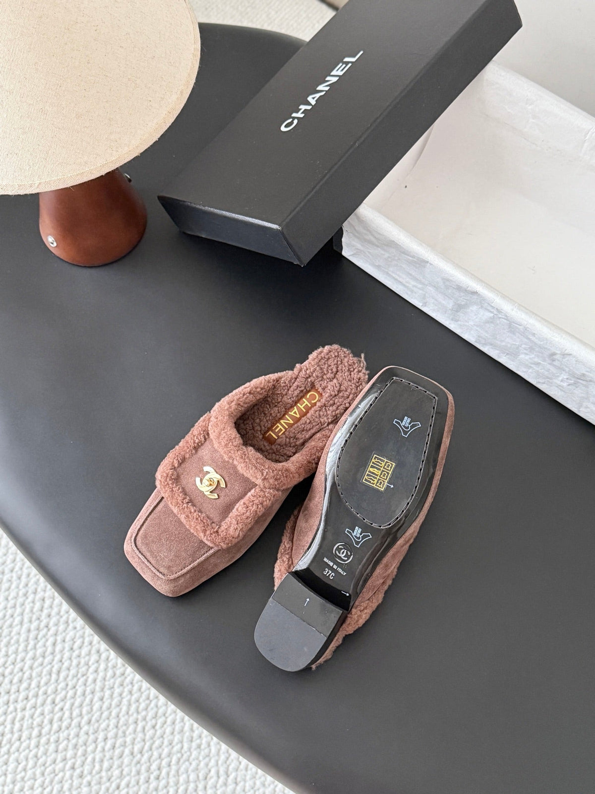 CC 26s Shearling Trim Suede Mules Khaki Gold 127802